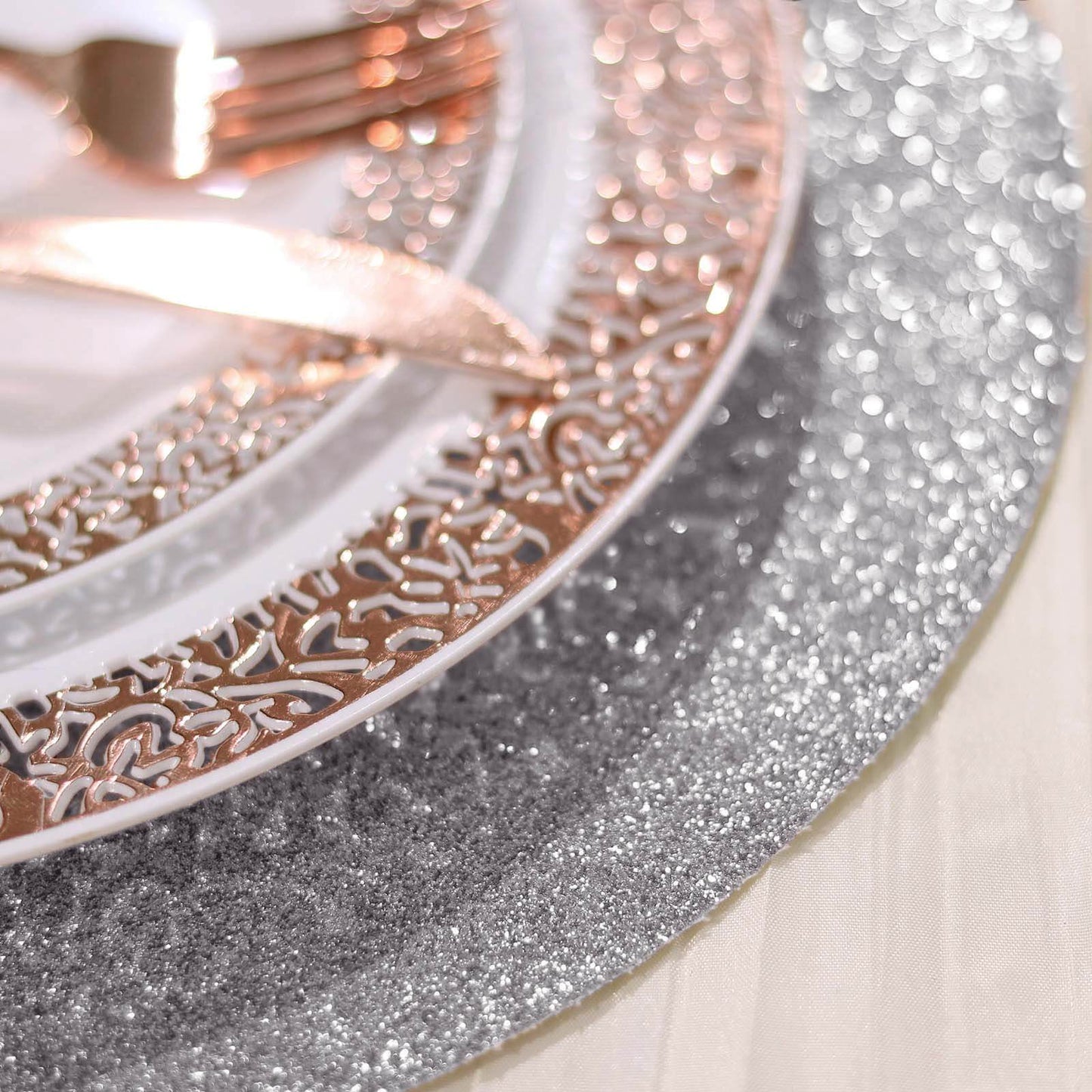 6-Pack Placemats Glitter Design Silver Sparkle Round - Non-Slip Decorative Dining Table Mats 13"