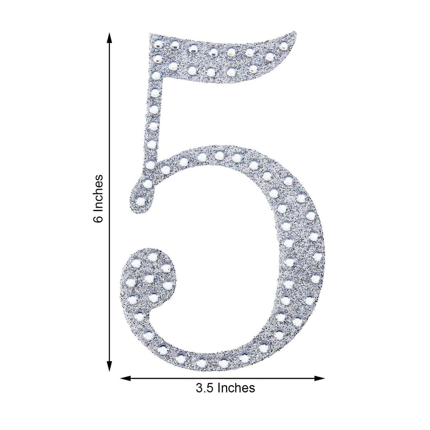 Decorative Rhinestone Number "5" Stickers, Glitter Adhesive Craft Numbers Silver DIY Sparkle Embellishments 6"
