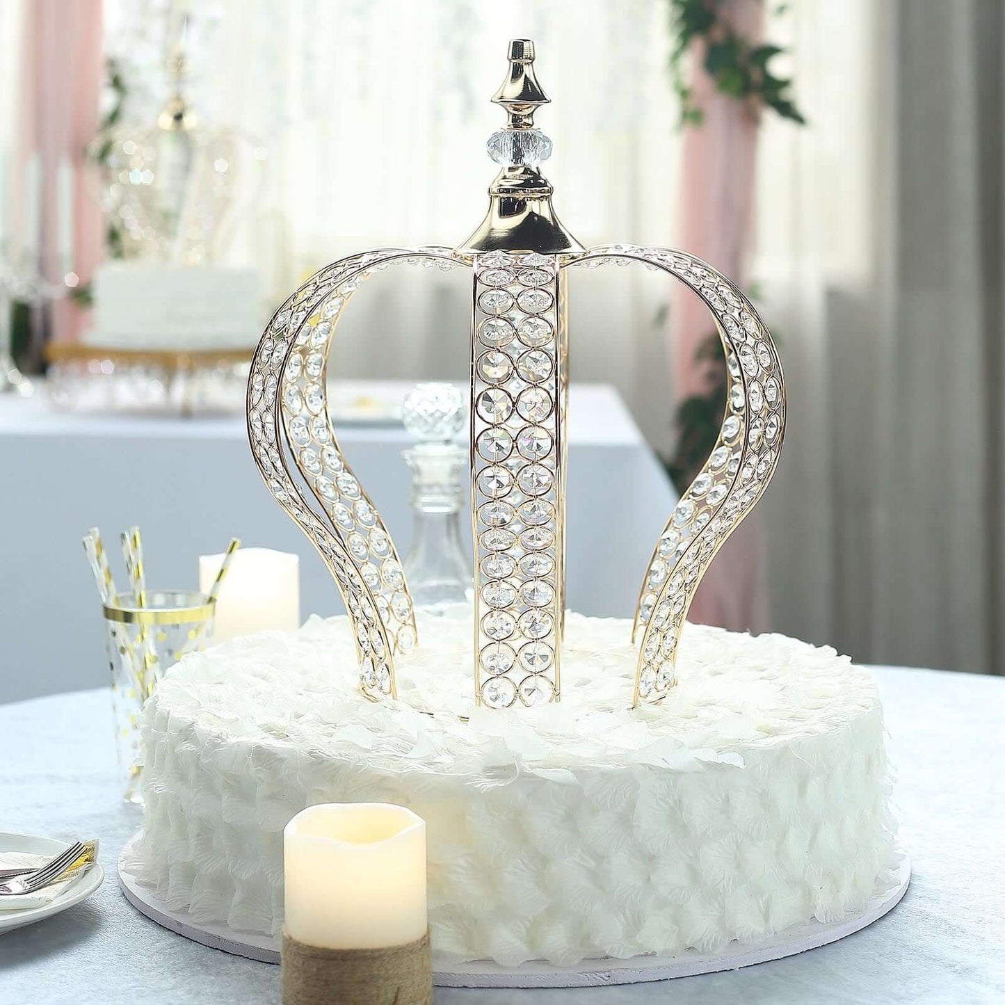 Crystal-Bead Royal Crown Cake Topper Metallic Gold - Themed Baby Showers Cakes & Event Centerpieces 16"