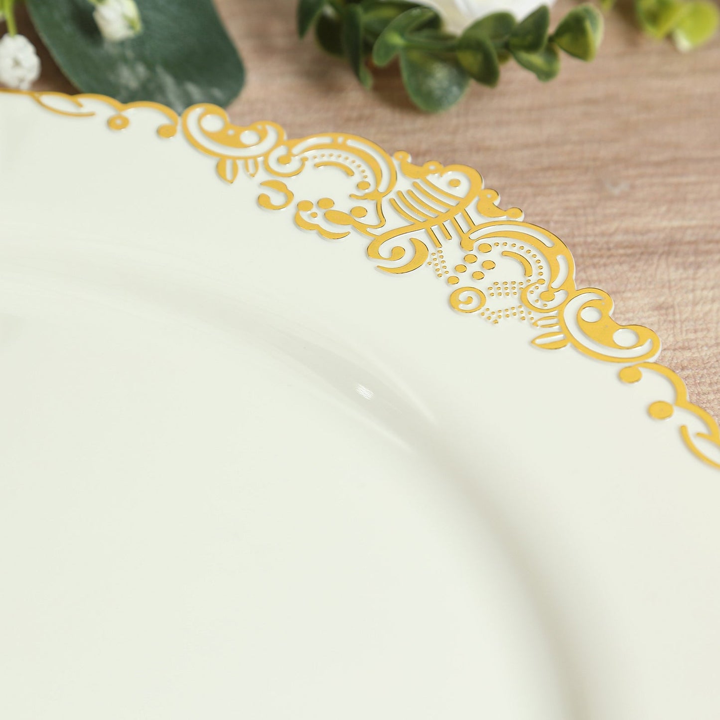 20-Pack Economy Plastic Round Charger Plates 13" in Ivory with Gold Embossed Baroque Rim, Stylish Dinner Party Serving Plates