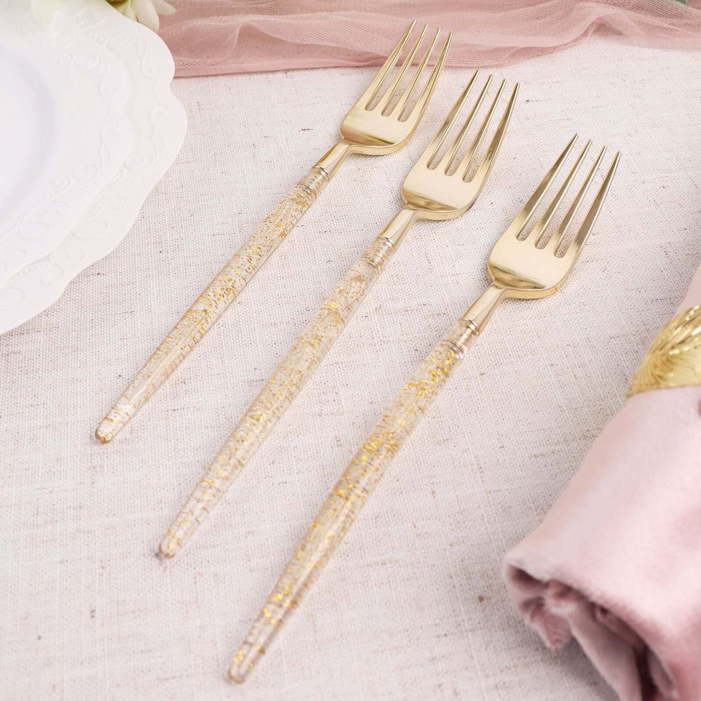 24-Pack Plastic Forks with Gold Glitter - Disposable Silverware Cutlery for Events