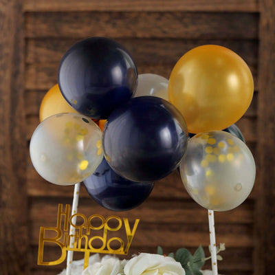 11 Pcs Balloon Cake Topper Clear, Gold and Navy Blue - Whimsical Clustered Mini Garland Cake Inserts DIY Party Decorations