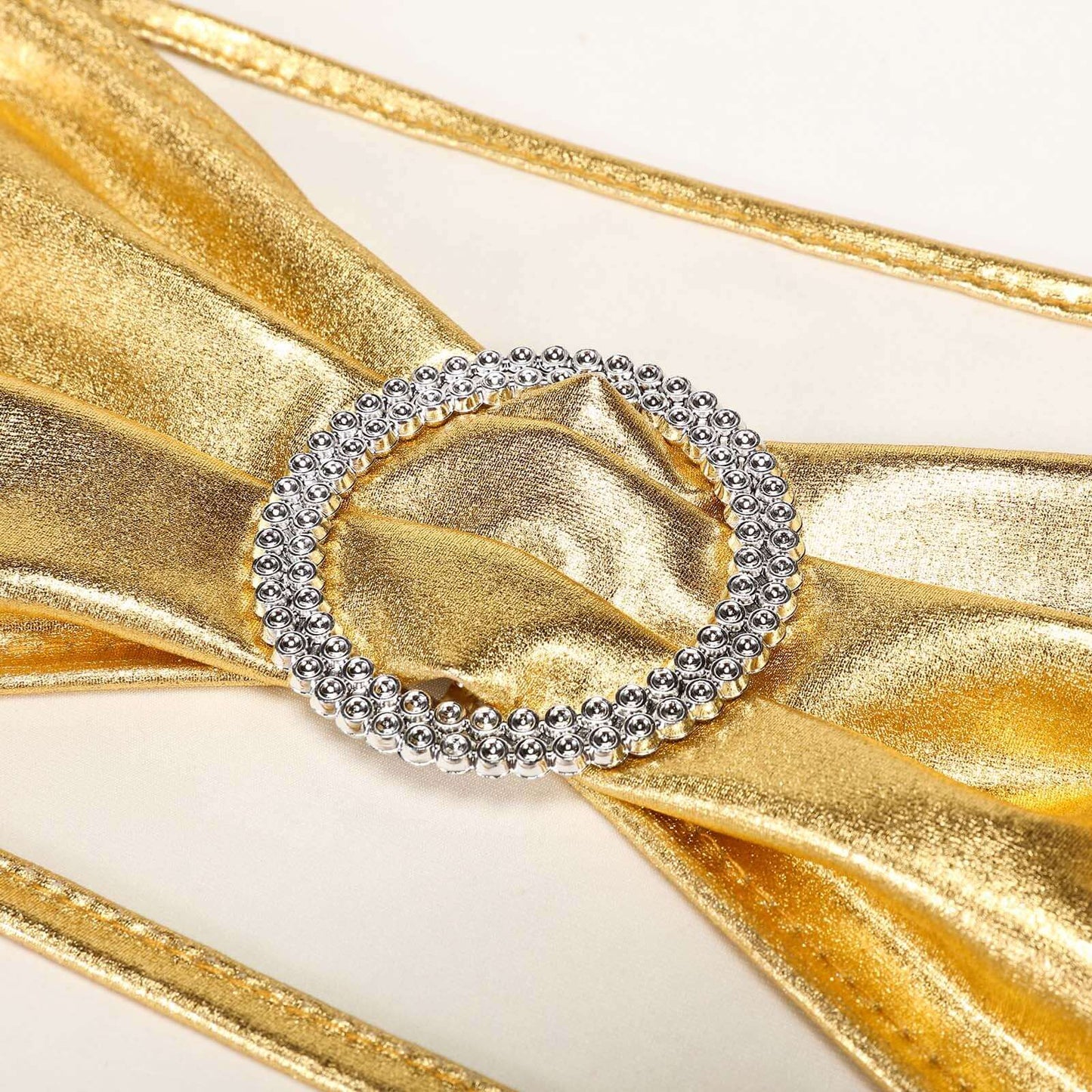5 Pack Metallic Spandex Chair Sashes Gold - Stretch Fit Chair Bands With Round Diamond Buckles for Glamorous Event Decor