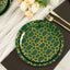 20-Pack Set Plastic Round Dinner and Salad Plates in Hunter Emerald Green with Geometric Gold Print - Modern Disposable Dinnerware Set for Weddings & Celebrations 9", 7"