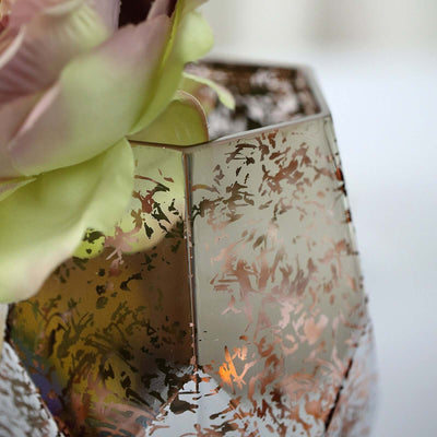 2-Pack Mercury Glass Vases Pentagon Design Silver Rose Gold - Decorative Candle Holder Centerpieces 8"