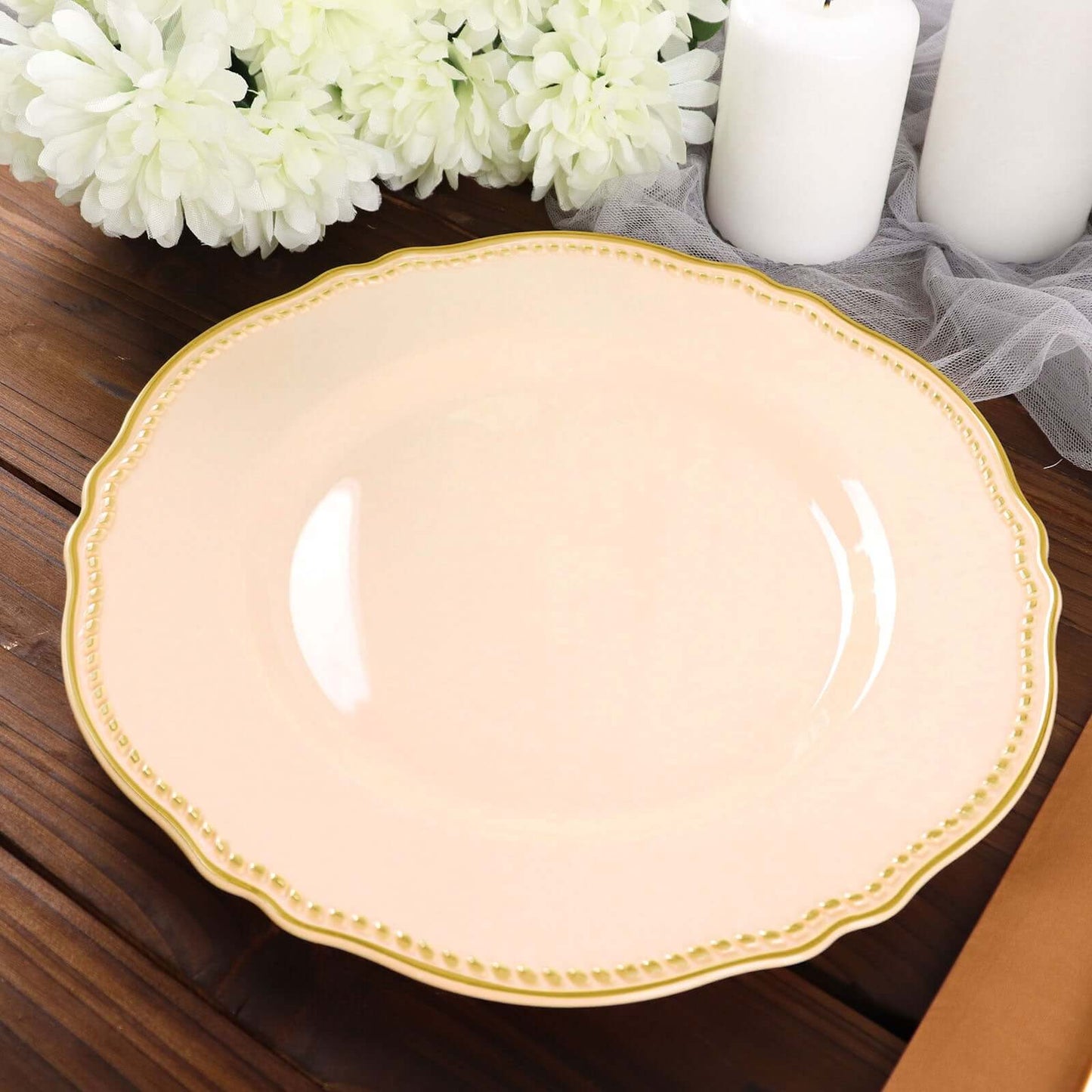 10-Pack Plastic 10" Dinner Plates in Nude with Gold Scalloped Rim - Disposable Large Party Plates