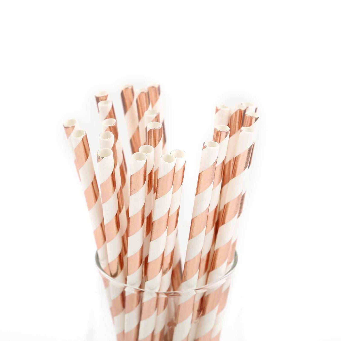 25-Pack Paper Straws White/Rose Gold Striped - Stylish Disposable Straws for Drinks 8"