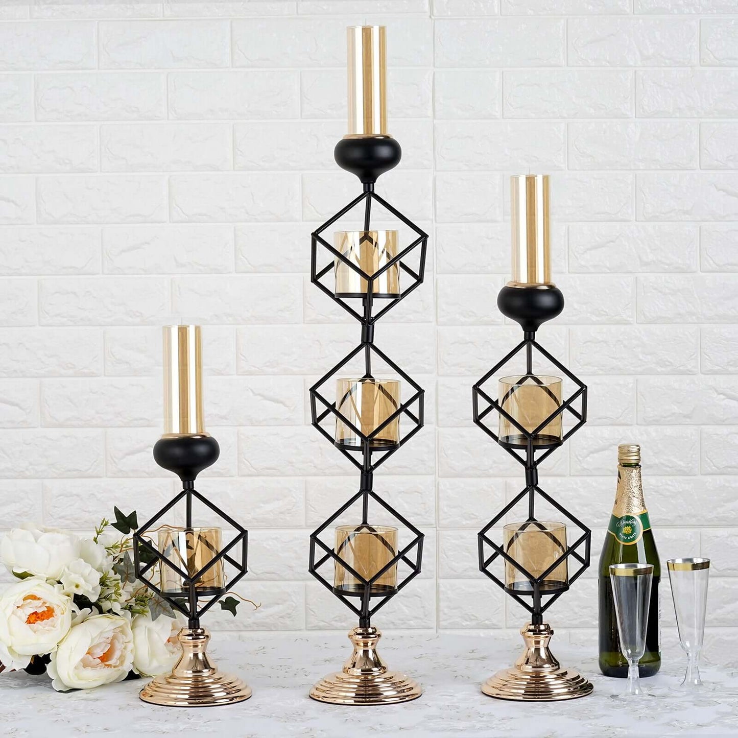 3-Tier Candle Holder Black Geometric Design with Amber Glass Votives & Gold Trim - Modern Decor for Weddings 28" Tall