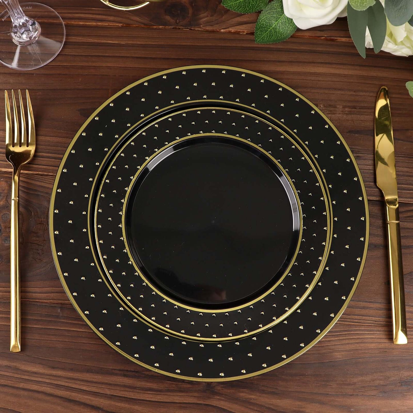 10-Pack Plastic 10" Round Dinner Plates in Black with Gold 3D Polka Dotted Rim - Sturdy Disposable Party Plates for Modern Themed Events & Banquets