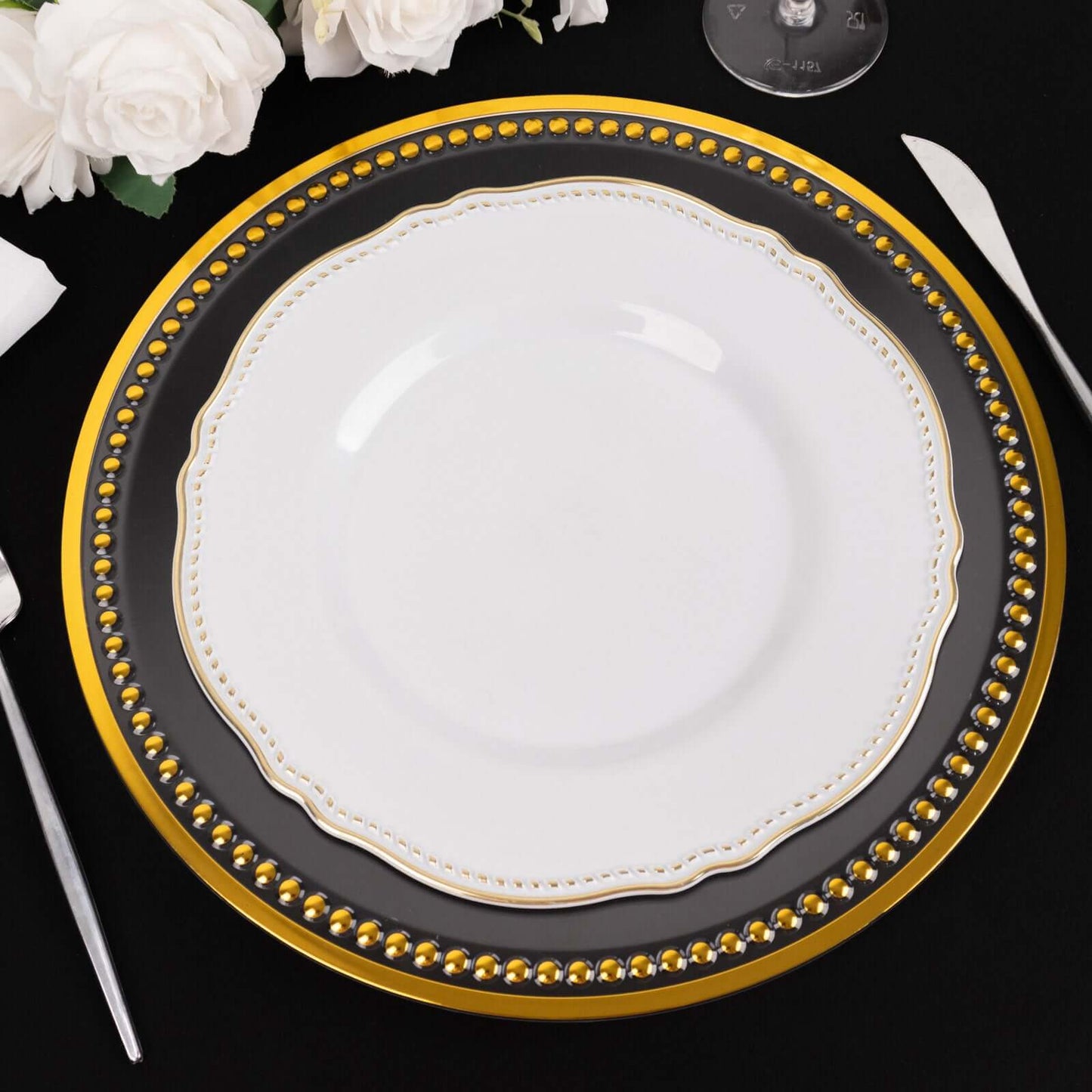 6-Pack Acrylic Round Charger Plates 13" in Clear with Gold Beaded Rim, Dinner Charger Event Tabletop Decor