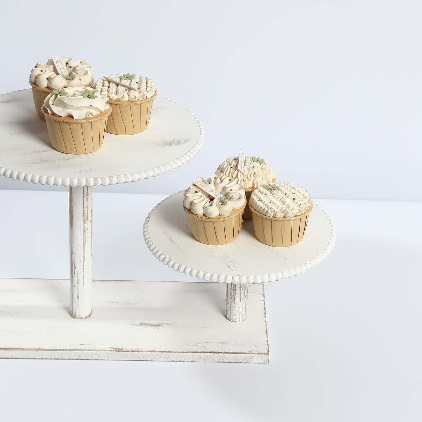 3-Tier Wooden Cake Stand Whitewash with Round Beaded Rim Trays - Rustic Cupcake Tower Dessert Display 24"x16"