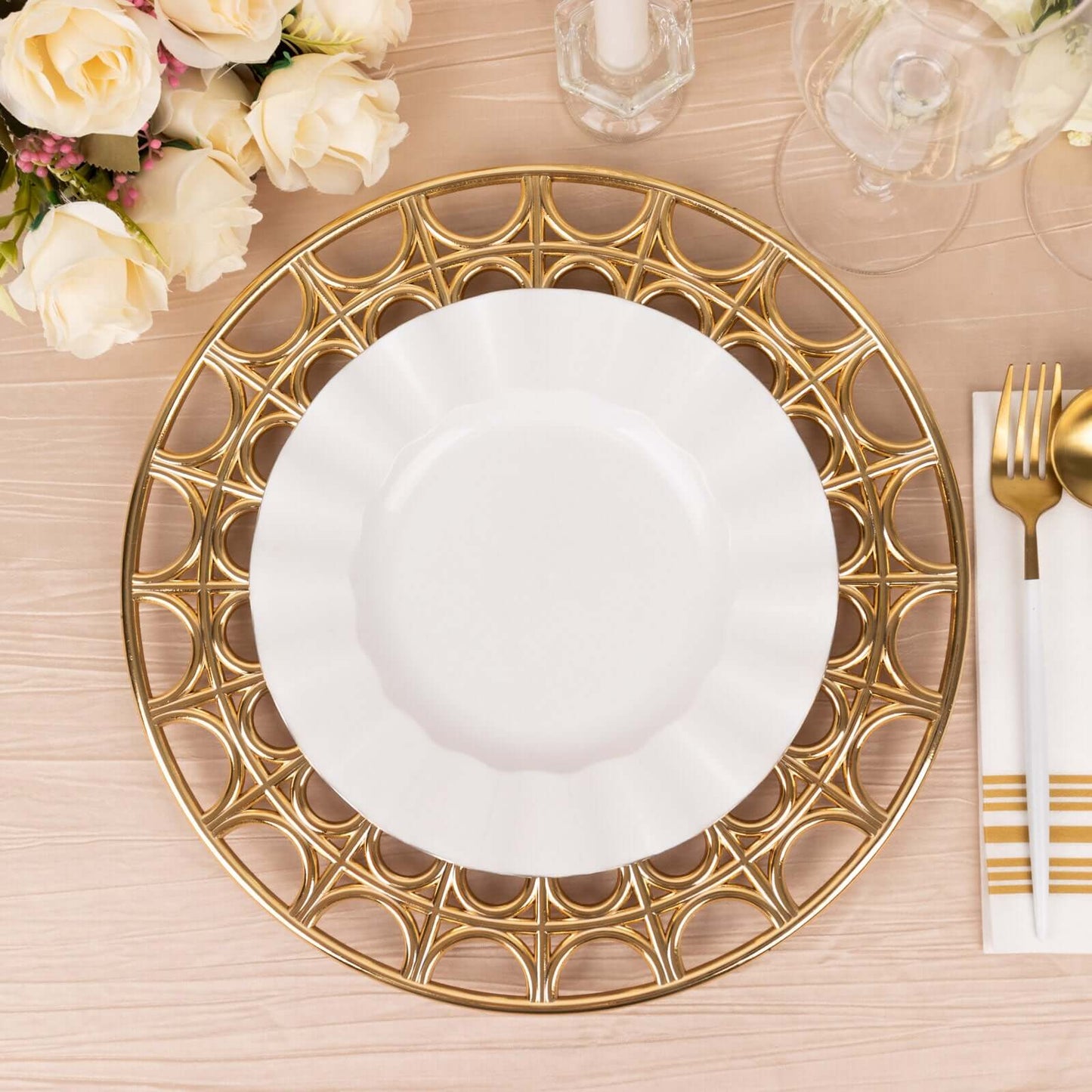 6-Pack Acrylic Round Charger Plates 13" in Metallic Gold with Hollow Semi Circle Rim, Plastic Decorative Charger Tableware
