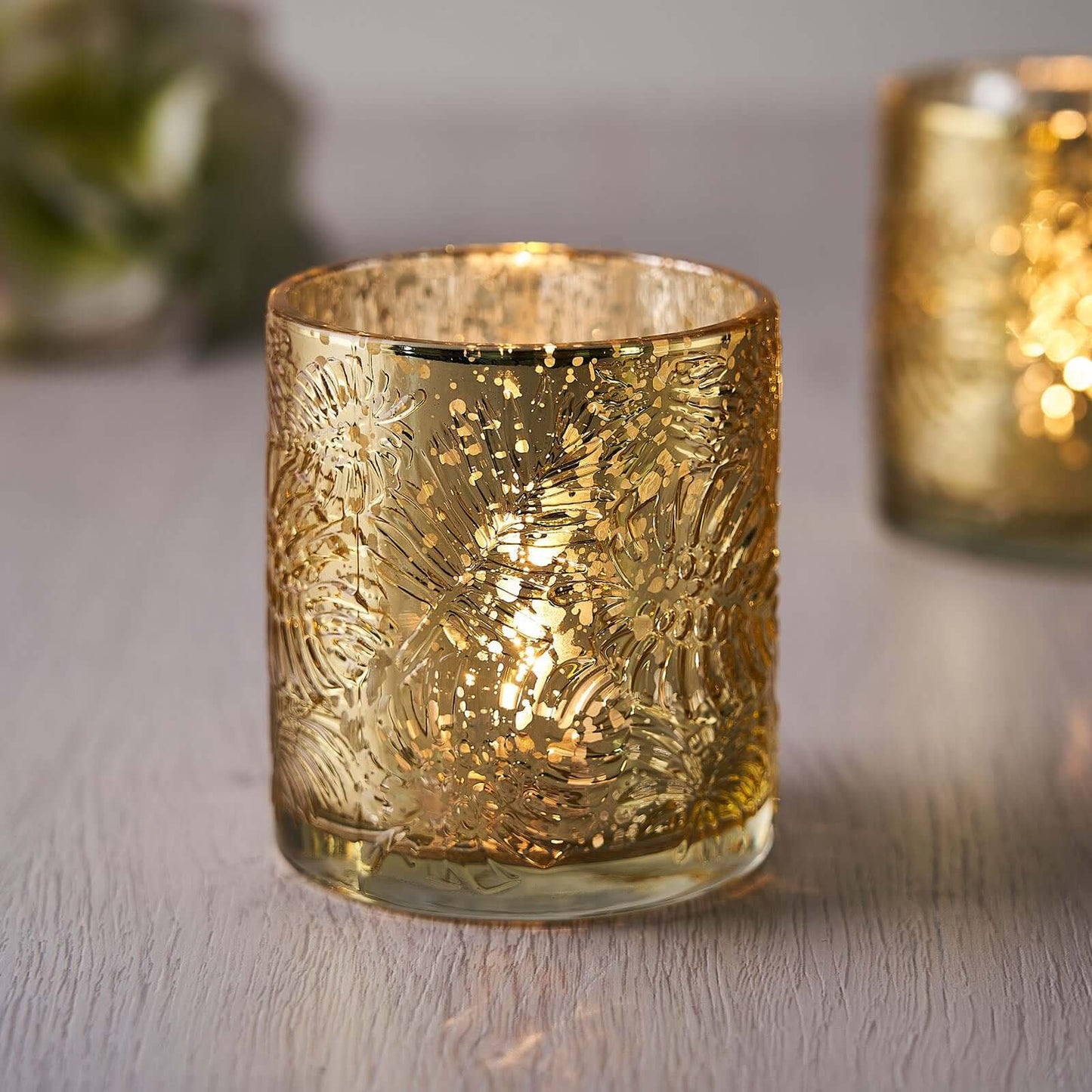 6-Pack Mercury Glass Candle Holders Gold Palm Leaf Design - Votive Tealight Holders for Events