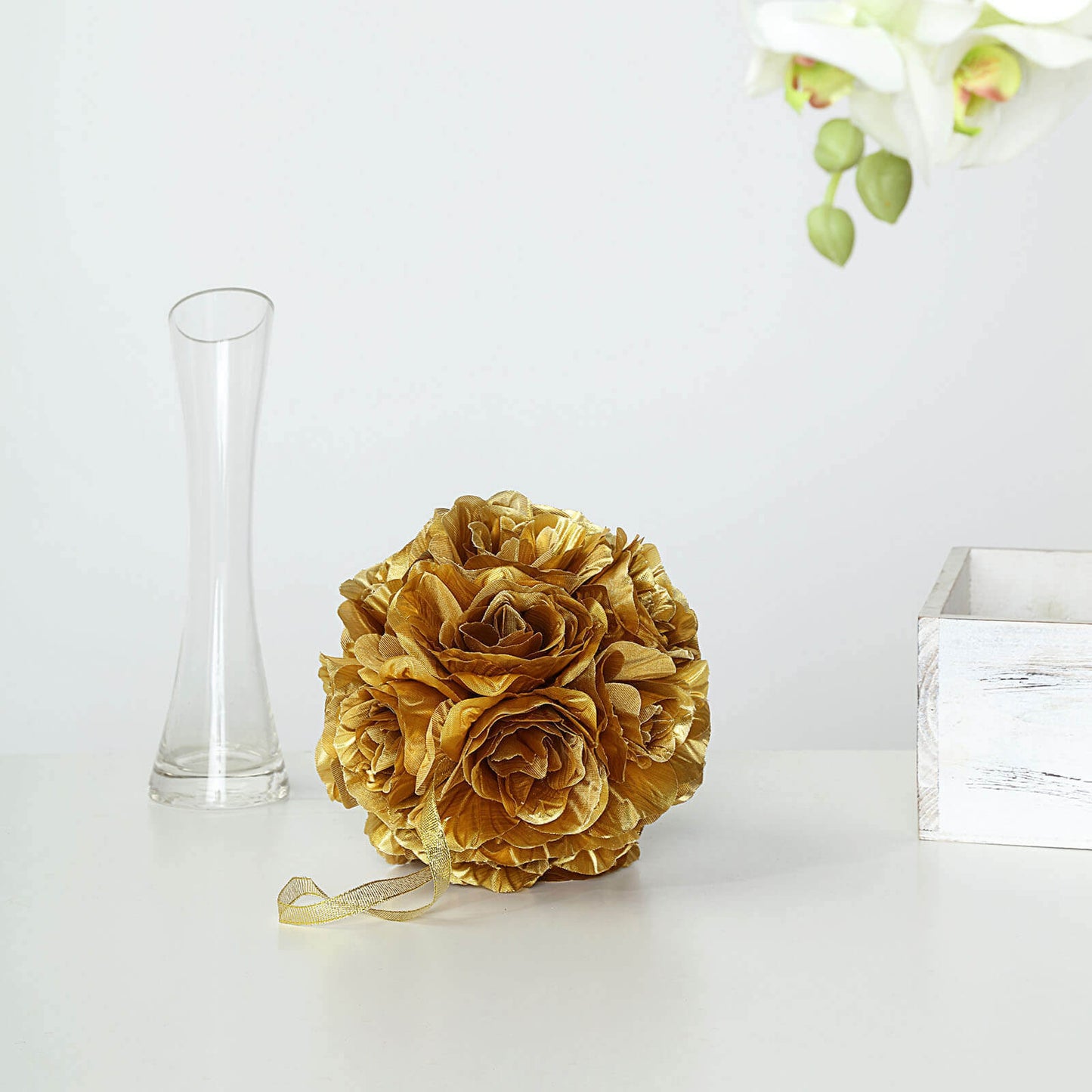 2 Pack 7" Gold Artificial Silk Rose Kissing Ball, Faux Flower Ball