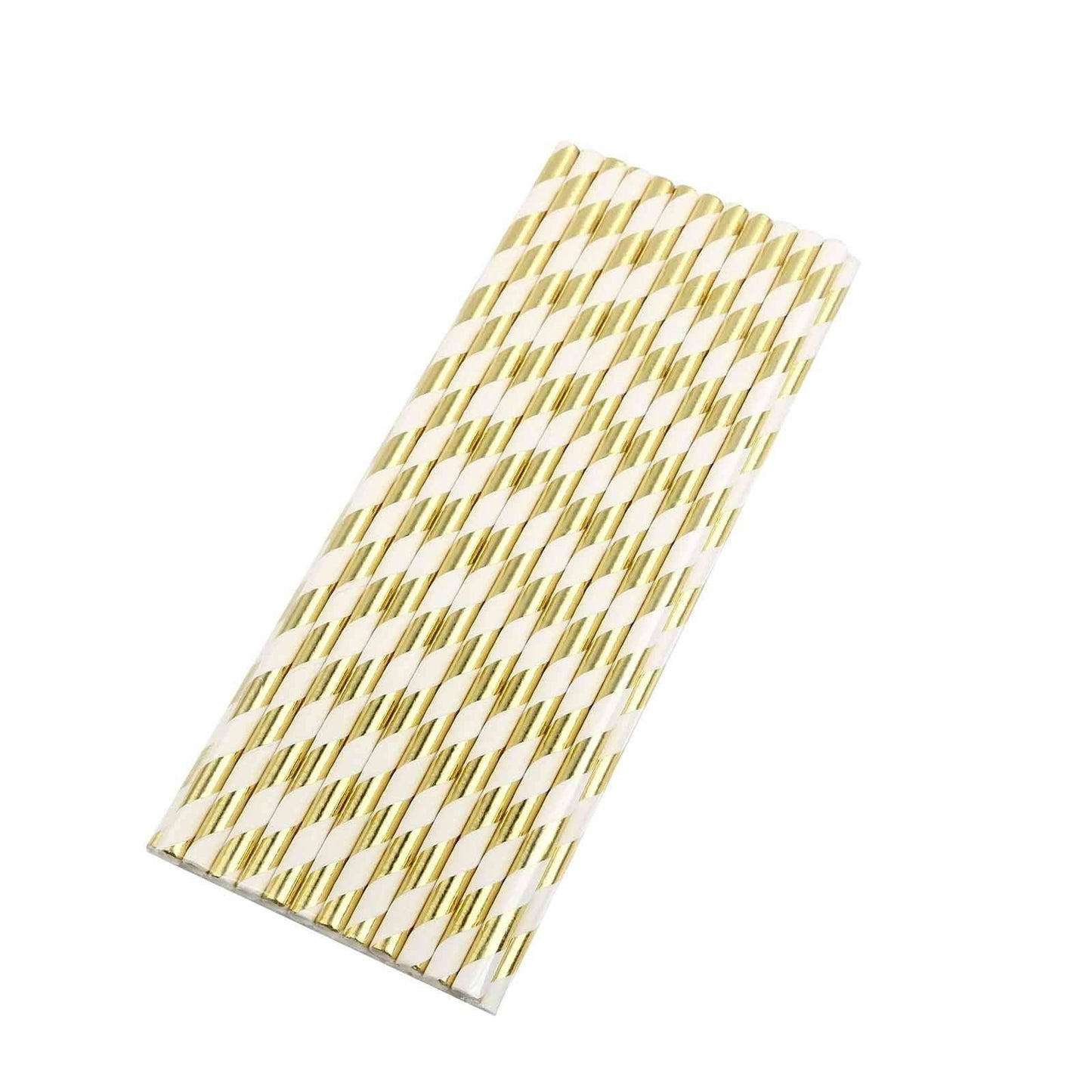 25-Pack Paper Straws White/Gold Striped - Stylish Disposable Straws for Drinks 8"