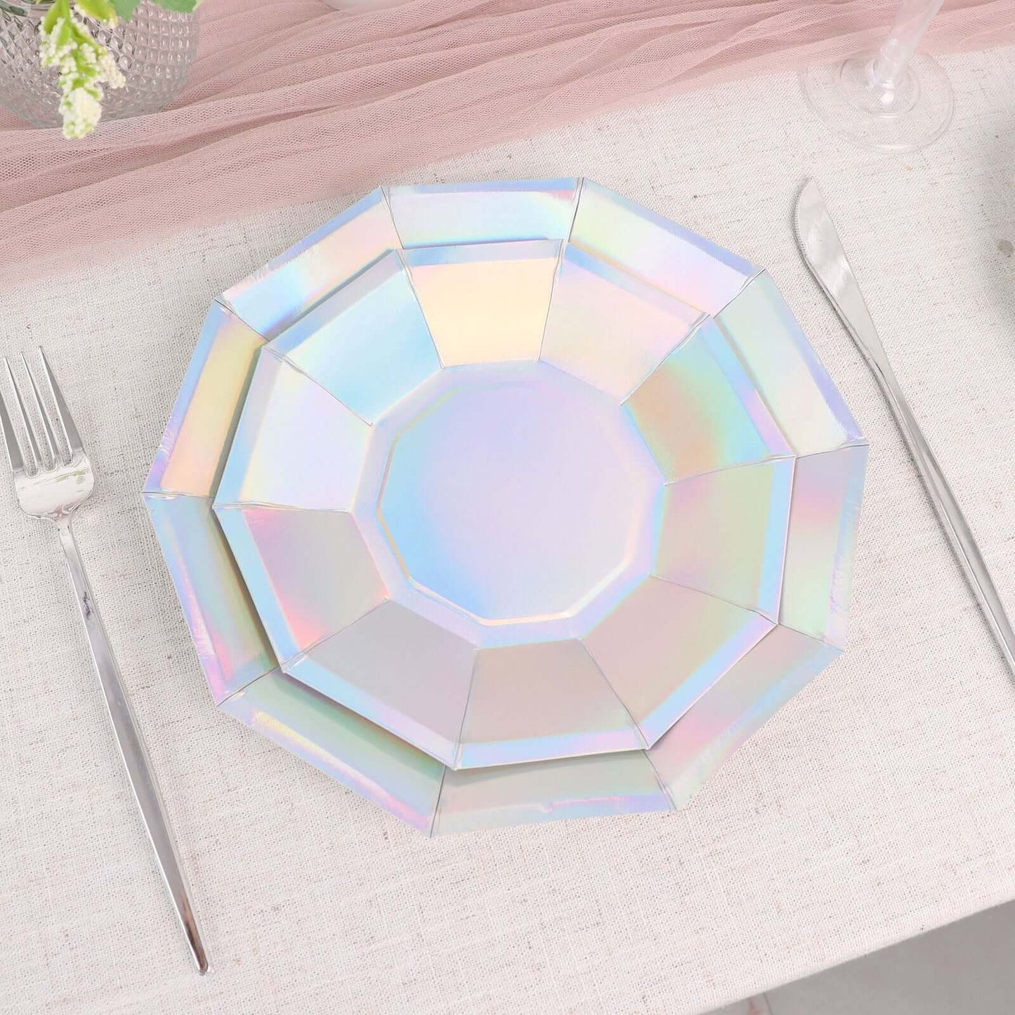 25-Pack Paper 9" Decagon Dinner Plates in Iridescent - Disposable Geometric Party Plates for Disco & Space Themed Events