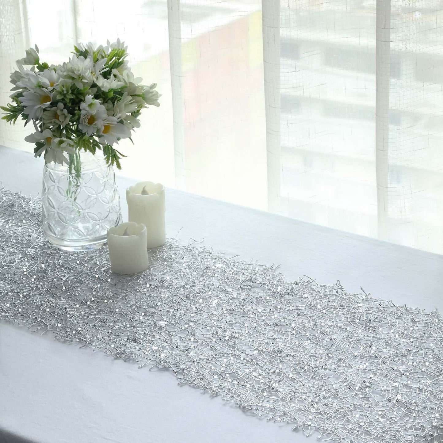 Mesh 12"x108" Table Runner Silver - Sequin Schiffli Lace Design for Stylish Celebrations