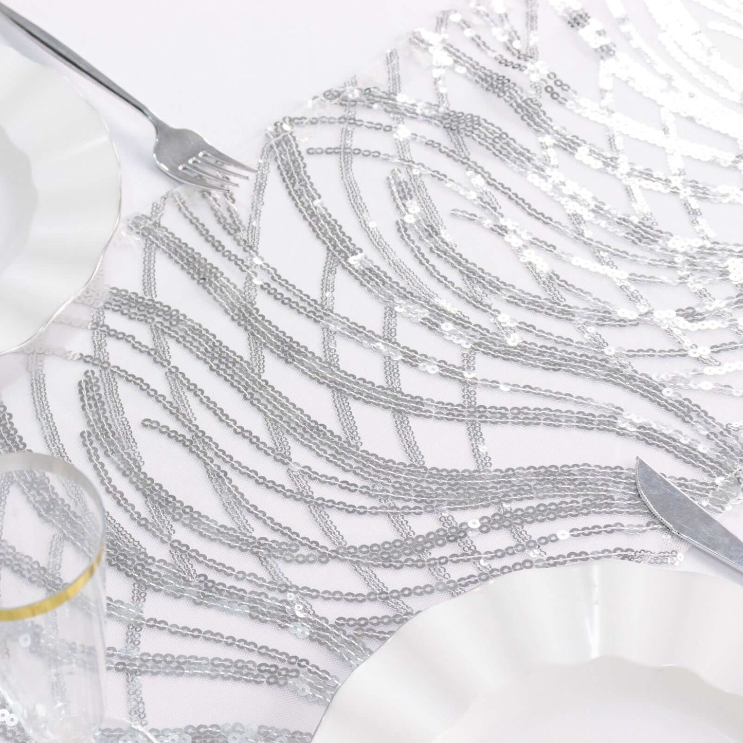 Sequin Mesh 12"x108" Table Runner Silver Stylish Wave Embroidery