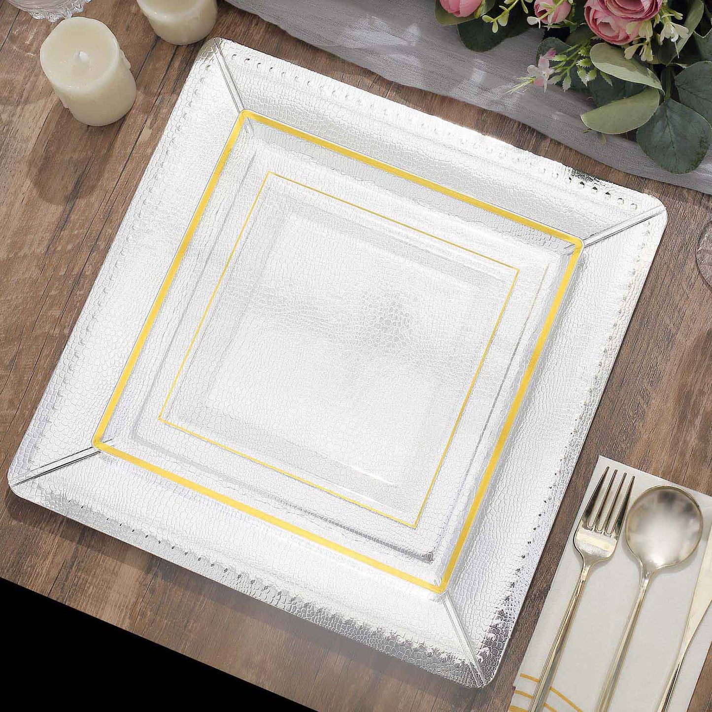 10-Pack Disposable Square Charger Plates in Silver with Leather Like Texture - 1100GSM Durable Paper Chargers 13"