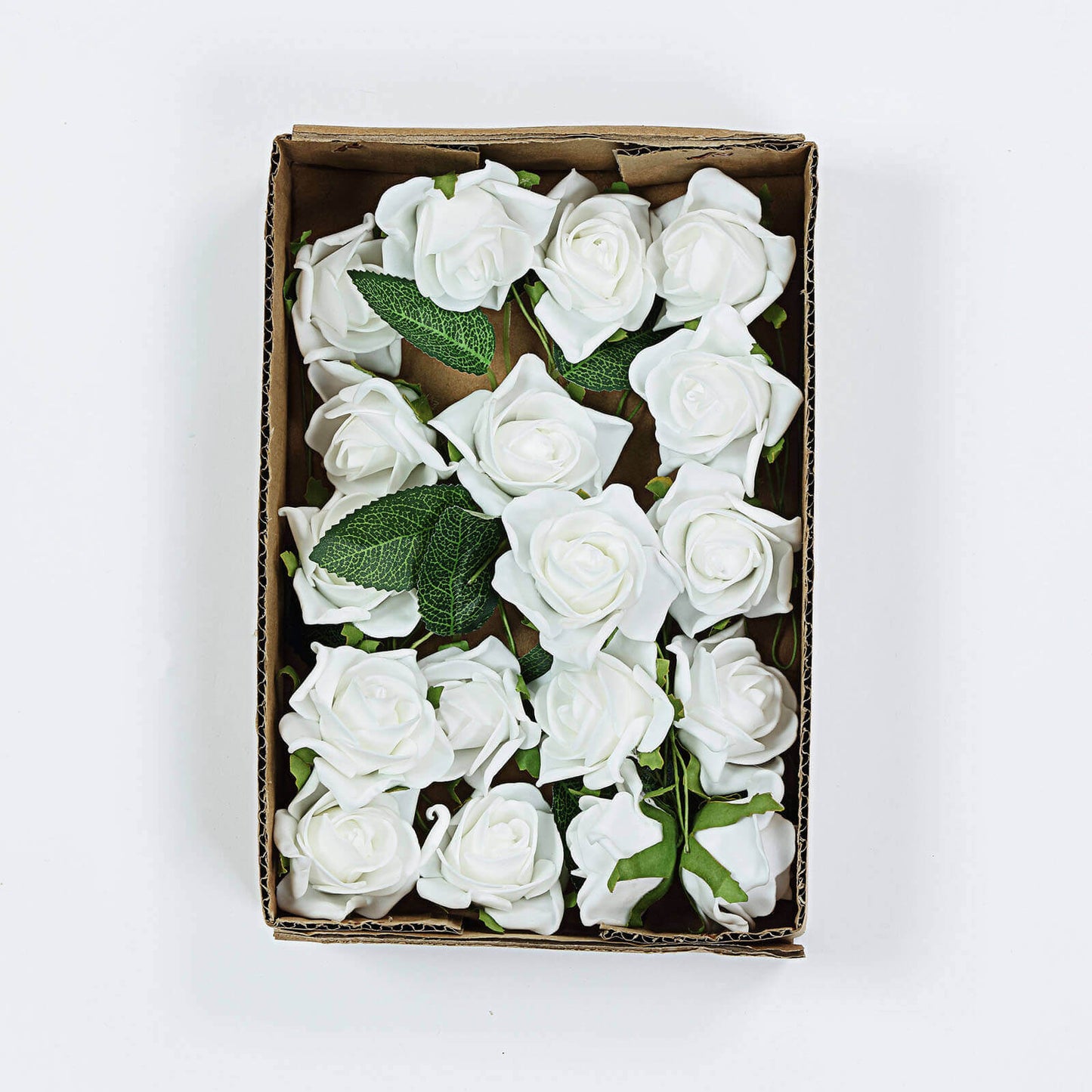 24 Roses 2" White Artificial Foam Flowers With Stem Wire and Leaves