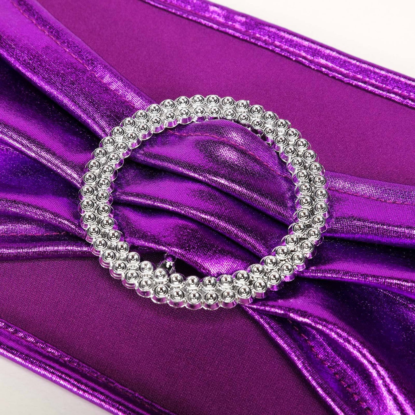 5 Pack Metallic Spandex Chair Sashes Purple - Stretch Fit Chair Bands With Round Diamond Buckles