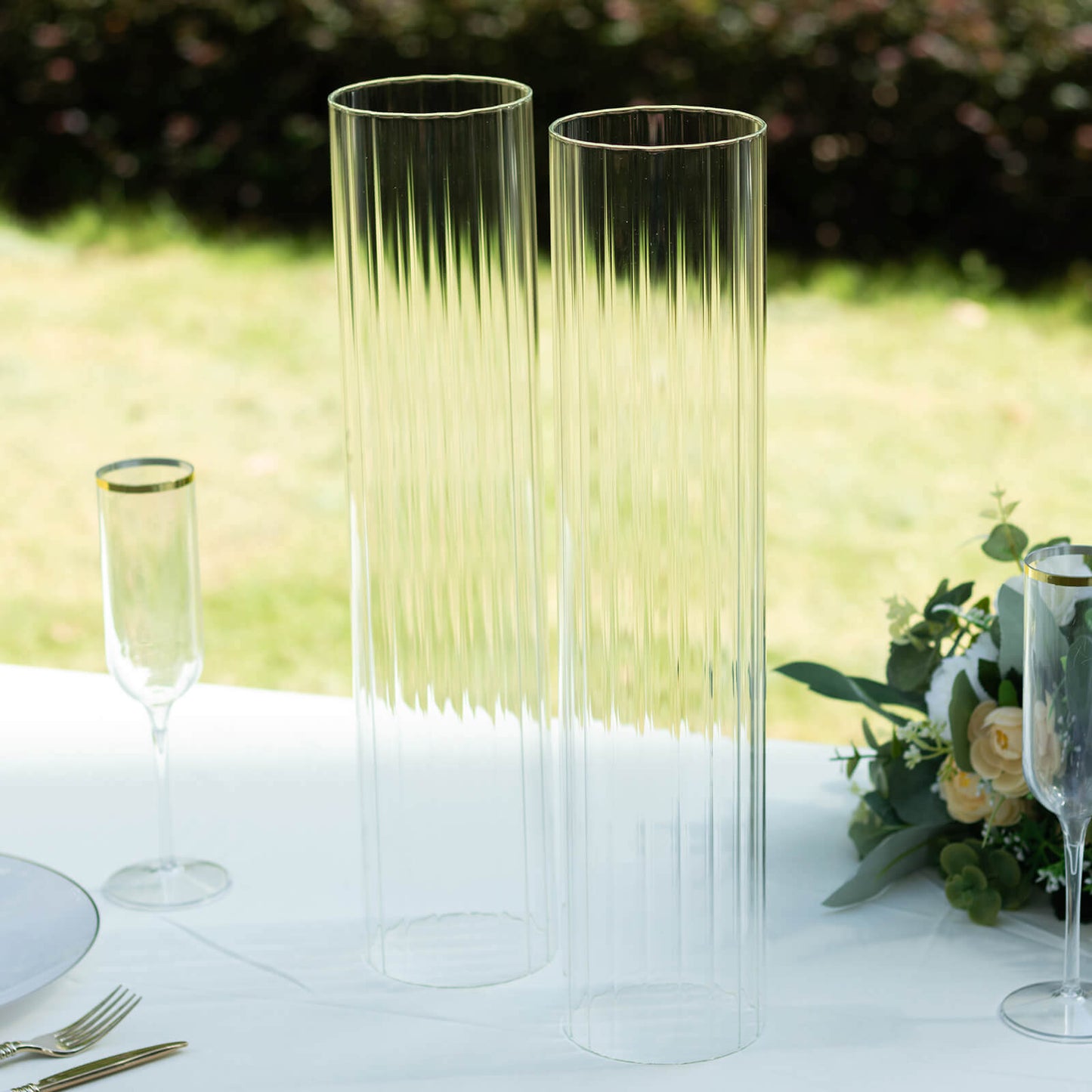 2-Pack Clear Ribbed Glass Hurricane Shades Open End Design - Stylish Candelabra Pillar Candle Holder Table Centerpiece 18"