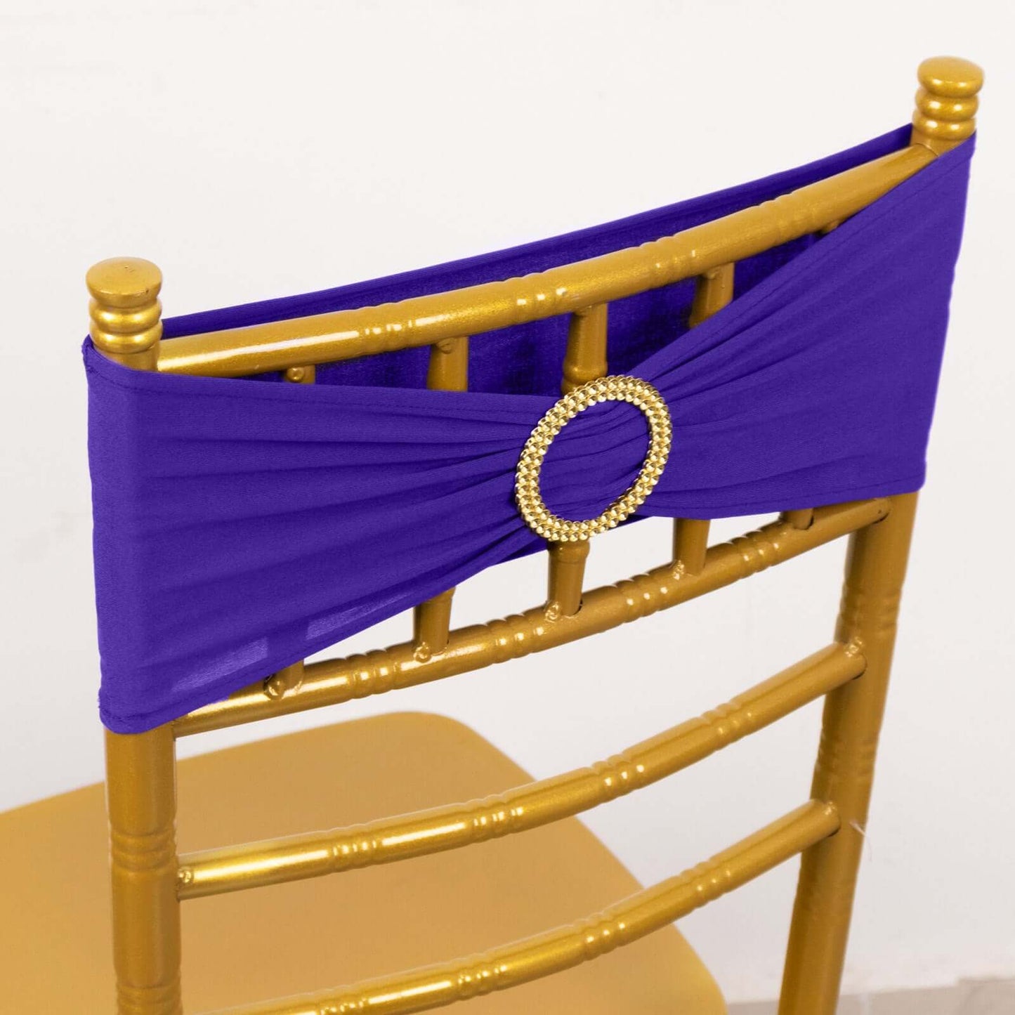5 Pack Spandex Chair Sashes Purple with Gold Rhinestone Buckles - Reusable Four-Way Stretch Sash Bands 5"x14"
