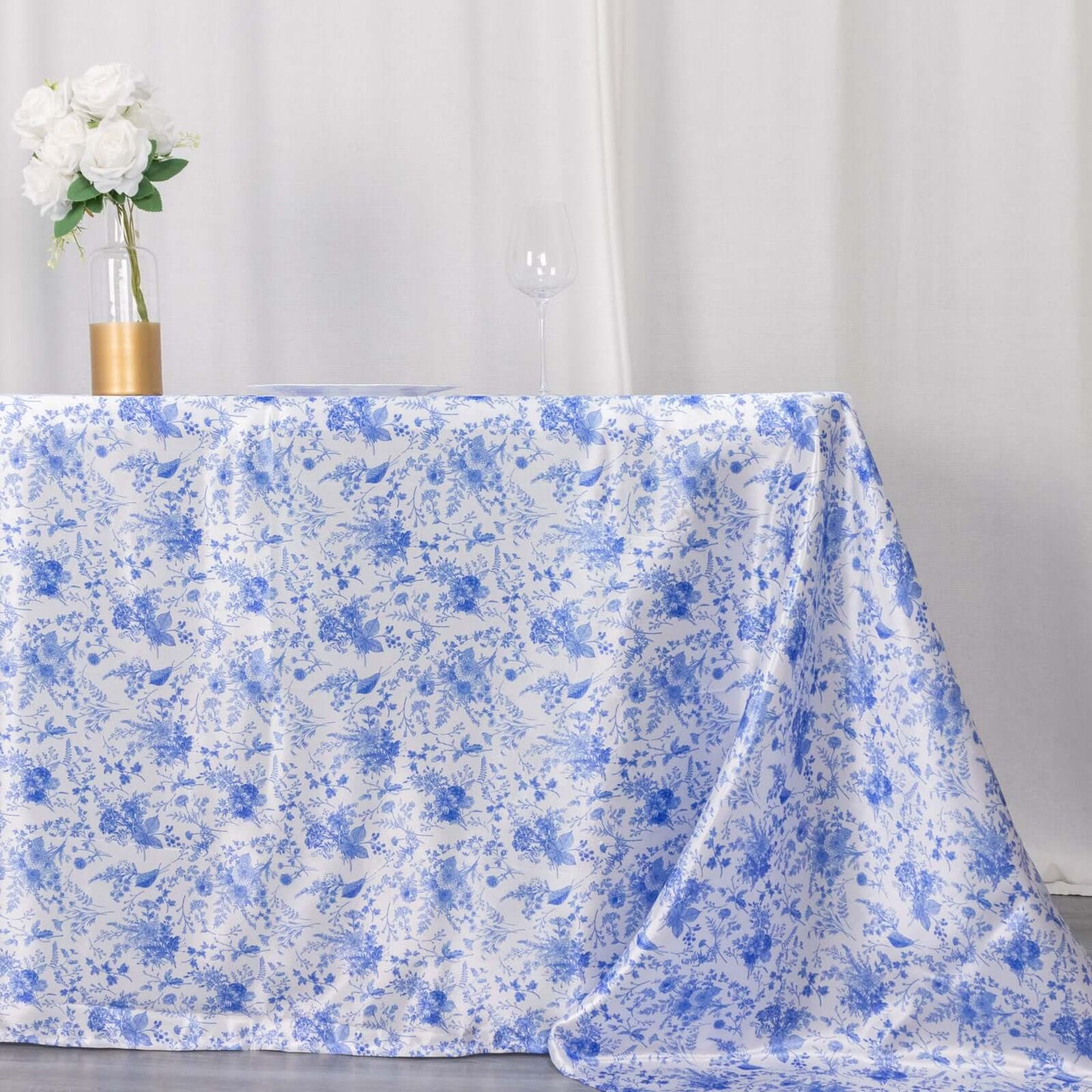 Satin Rectangular 90"x156" Tablecloth White/Blue French Toile Design - Seamless Stylish & Wrinkle-Resistant Table Cover