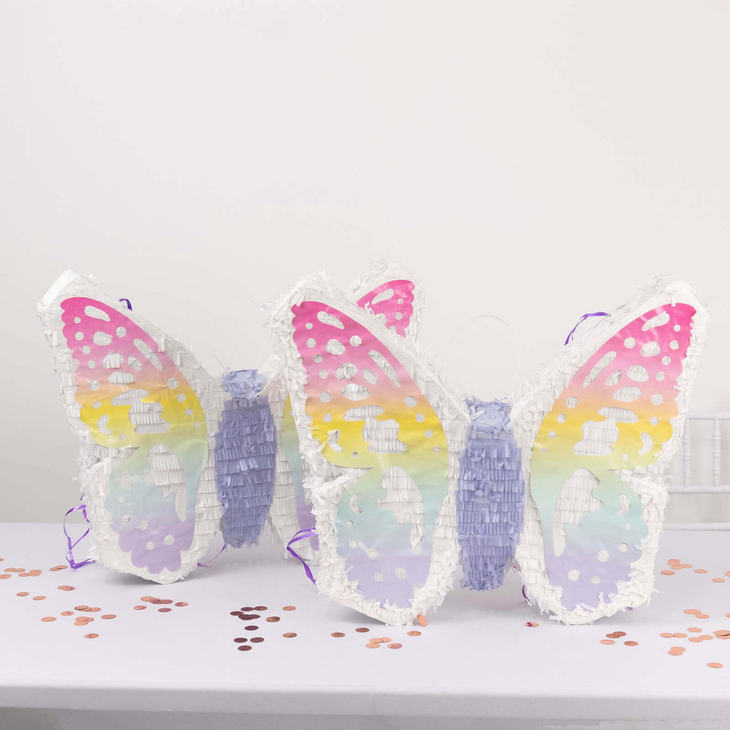 Expandable White Lilac Paper Butterfly Pinata Hanging Decor with Pastel Colored Wings, Fairy Themed Birthday Party Pinata - 23"x19"