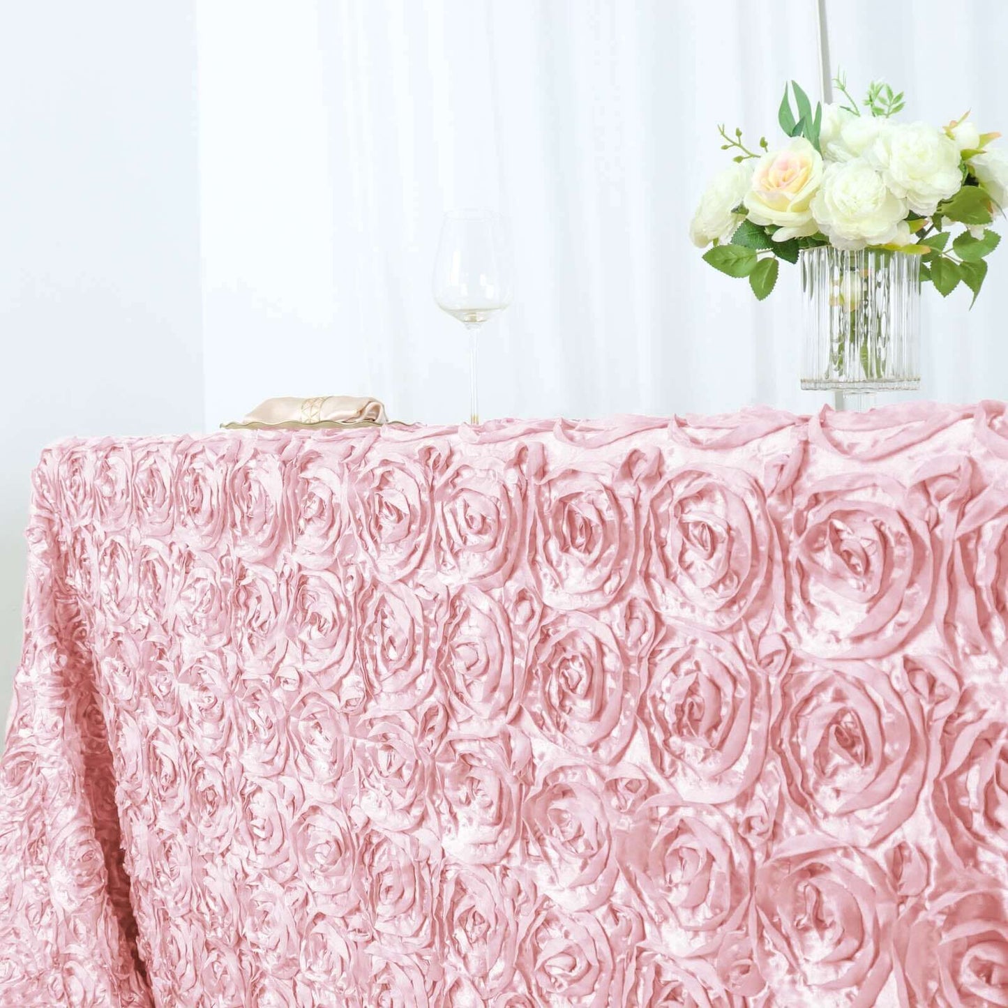 Satin 90"x156" Rectangle Tablecloth Blush - Grandiose 3D Rosette Table Cover with Seamless Finish