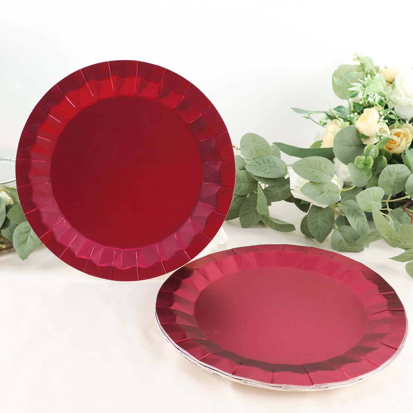 25-Pack Paper 9" Round Dinner Plates in Burgundy with Geometric Prism Rim - Disposable 400GSM Party Plates