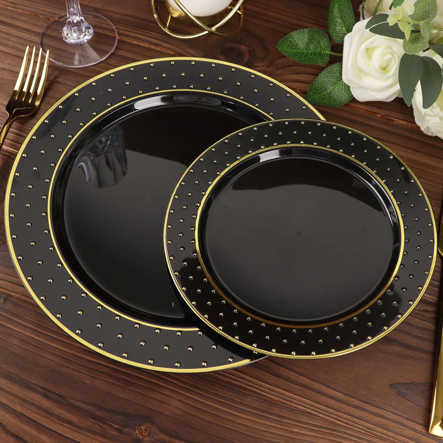 10-Pack Plastic 7.5" Round Dessert Plates in Black with Gold 3D Polka Dotted Rim - Durable Disposable Appetizer Salad Plates for Modern Themed Events & Banquets