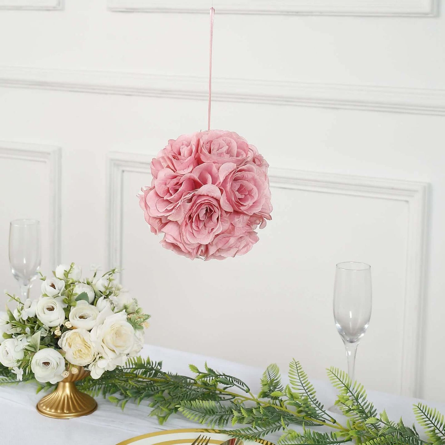 2 Pack 7" Mauve Artificial Silk Rose Kissing Ball, Faux Flower Ball