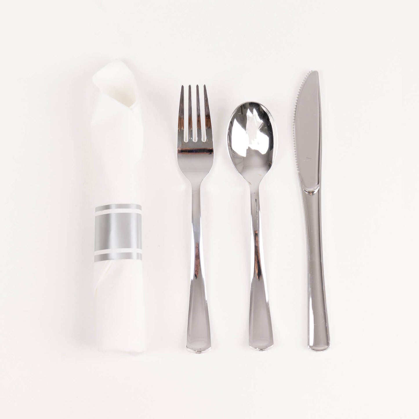 Set of 24 Silver Plastic Silverware with Pre-Rolled White Paper Napkins - Disposable Wrapped Fork, Spoon, and Knife Set