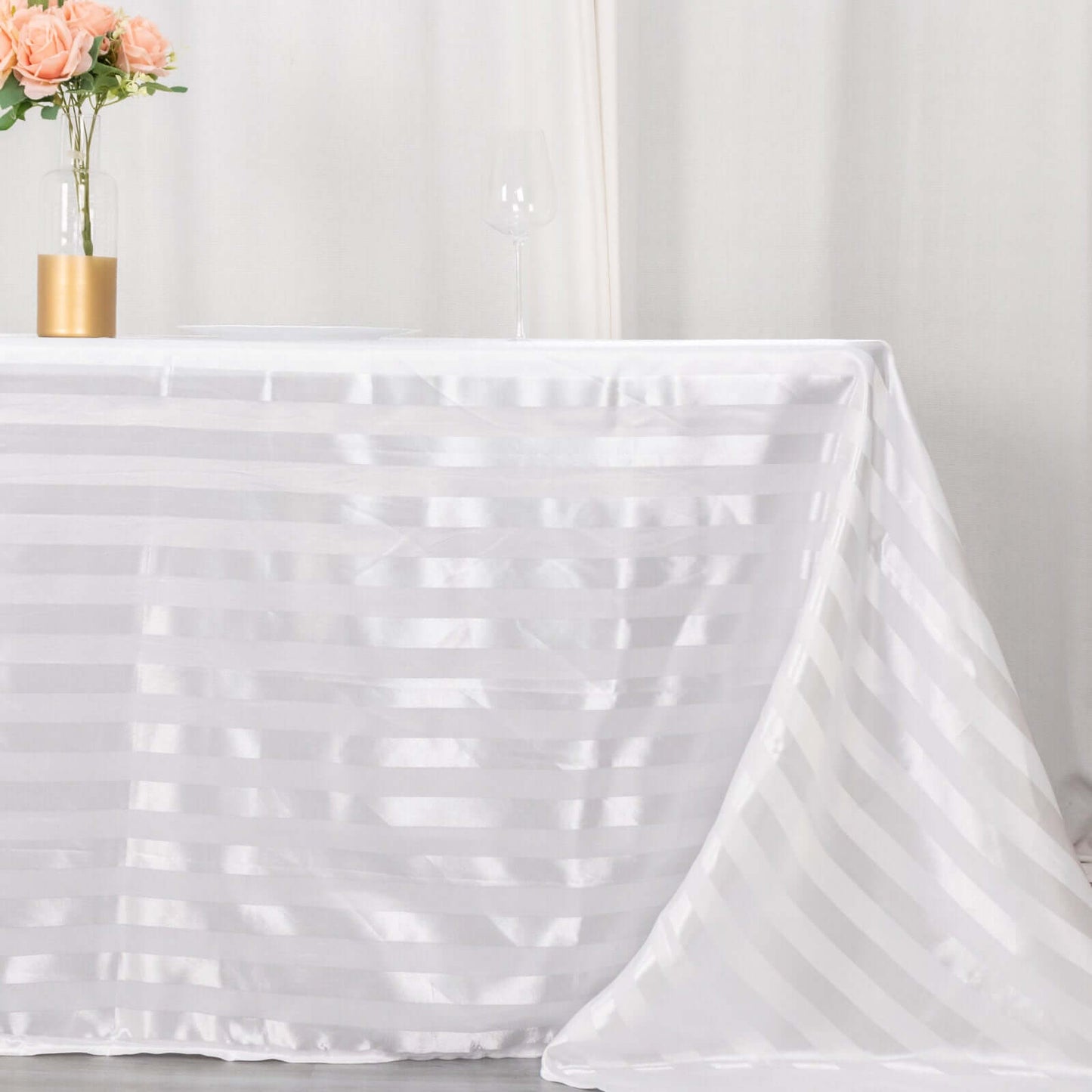 Satin Striped 90"x132" Rectangular Tablecloth White - Seamless Silky Smooth Wedding Decor