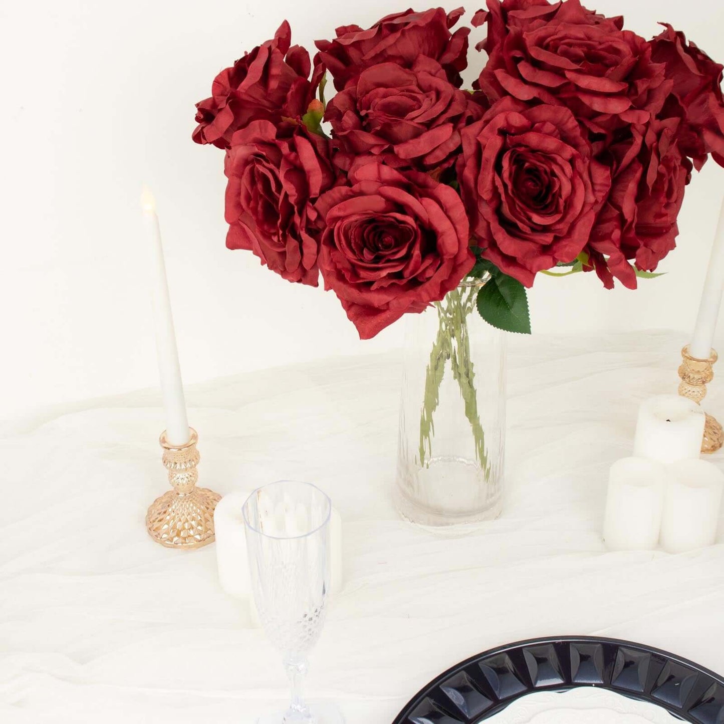 2 Bushes 17" Burgundy Premium Silk Jumbo Rose Flower Bouquet, High Quality Artificial Wedding Floral Arrangements