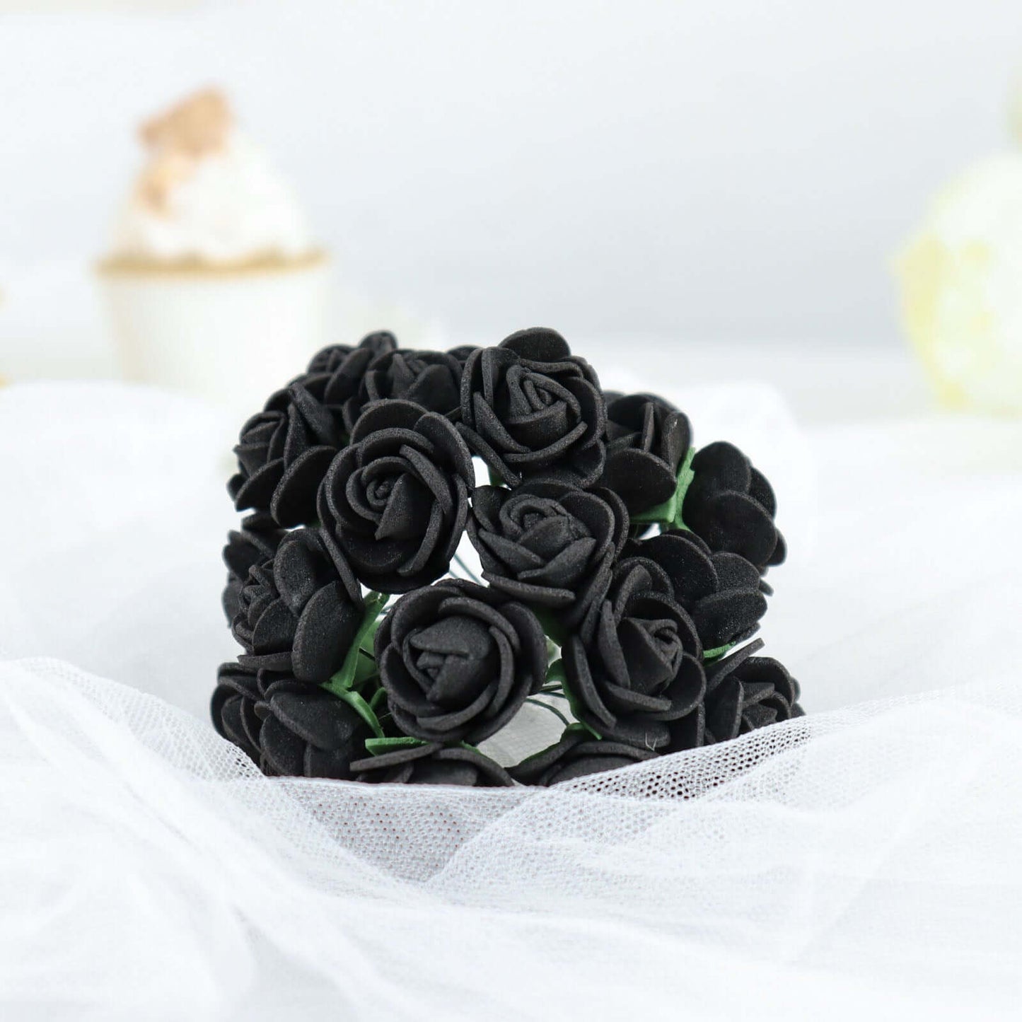 48 Roses 1" Black Real Touch Artificial DIY Foam Rose Flowers With Stem, Craft Rose Buds