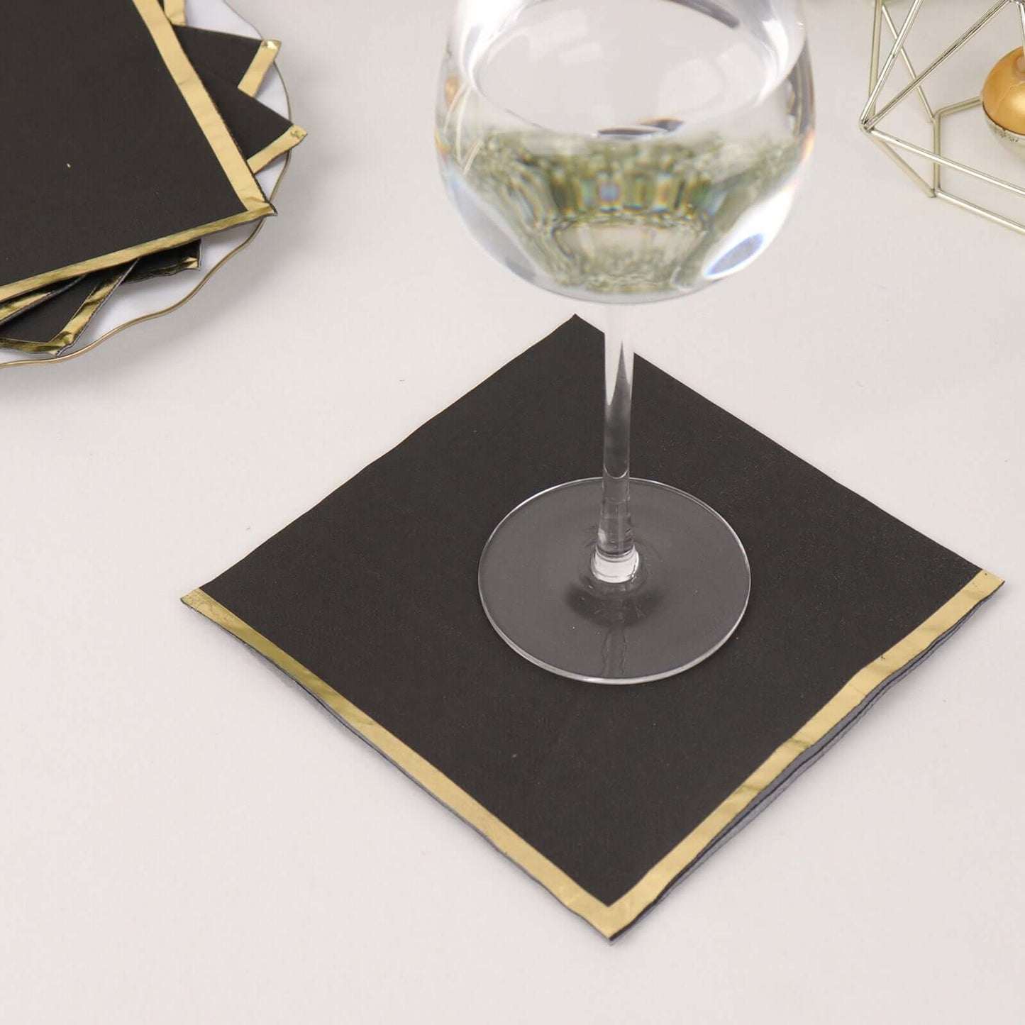 50-Pack Paper Beverage Napkins with Gold Foil Edge Black - Disposable 2 Ply Cocktail Napkins for Events 6.5"x6.5"