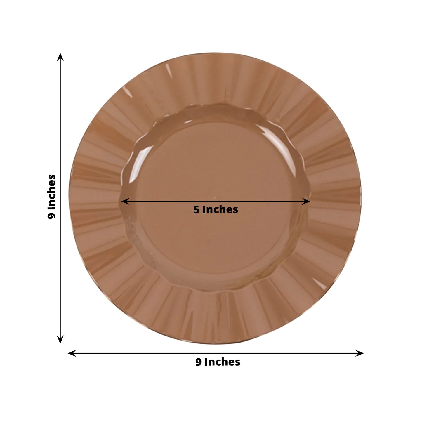 10-Pack Plastic 9" Round Dinner Plates in Coffee Brown Ruffled Rim with Gold Edging - Sturdy Disposable Dinnerware