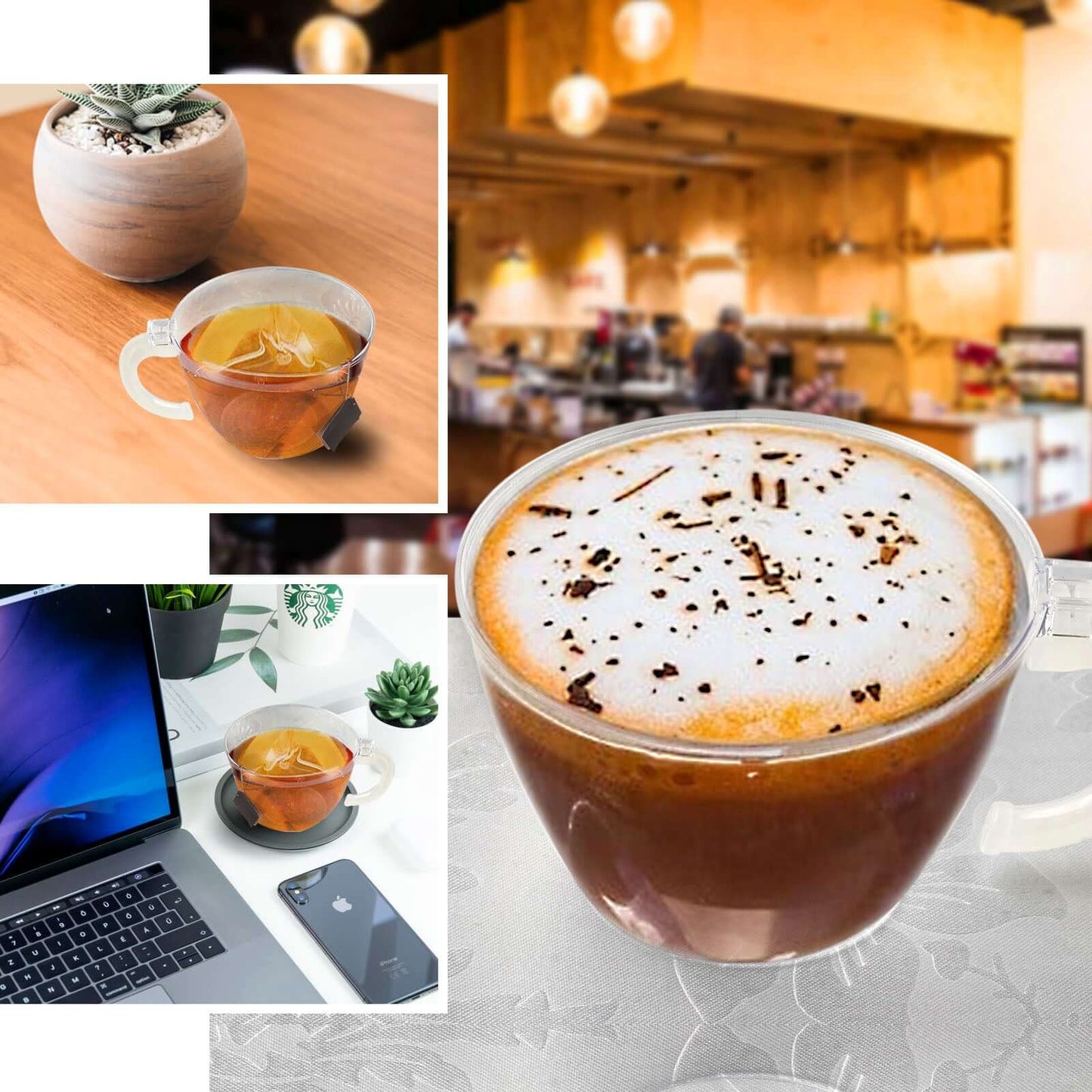 12-Pack Plastic Coffee Tea Cups Hard Disposable with Handle - Sturdy Cups for Hot Beverages 6oz