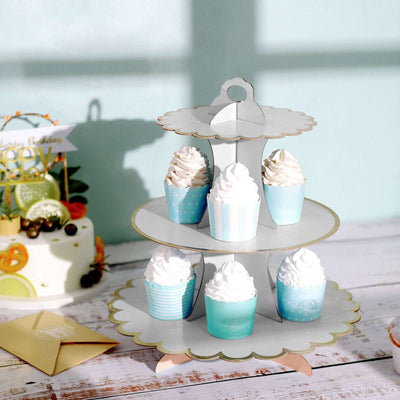3-Tier Cardboard Cupcake Stand White - Sturdy & Collapsible Dessert Treat Tower with Gold Scalloped Rim for Baby Shower Wedding & Party Decor 13"