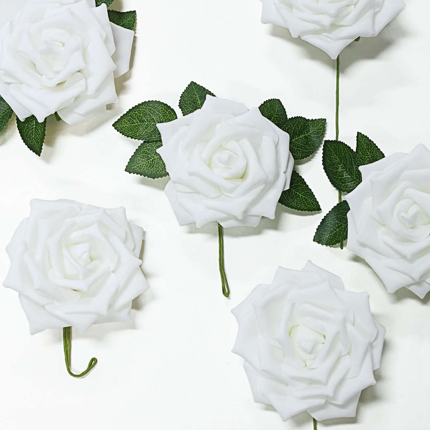 24 Roses 5" White Artificial Foam Flowers With Stem Wire and Leaves