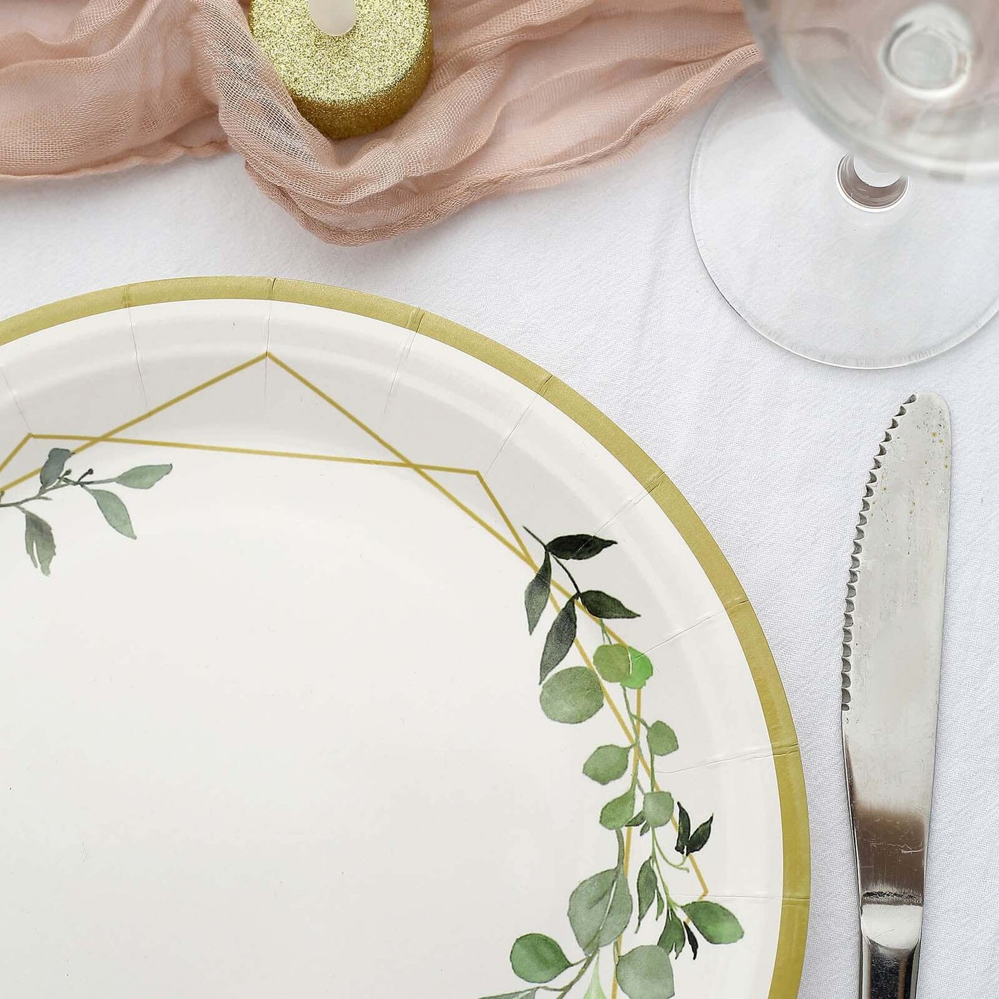 24-Pack Paper 9" Round Dinner Plates in White with Eucalyptus Leaves & Gold Rim - Disposable 300GSM Party Plates for Modern & Nature-Inspired Events