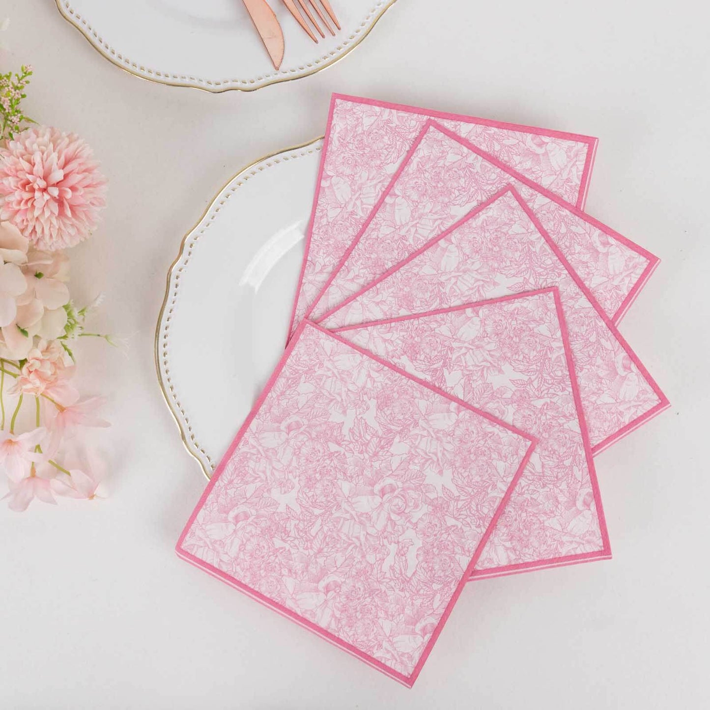 25-Pack Paper Cocktail Napkins with French Toile Print White/Pink - Highly Absorbent 2 Ply Disposable Napkins 6.25"x6.25"