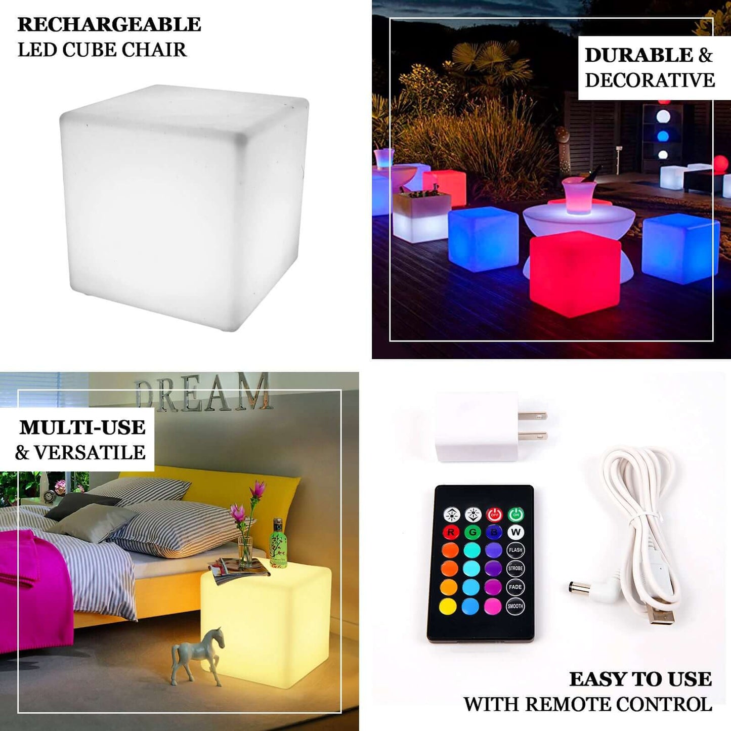 15.5" Color Changing Cordless LED Light Up Cube Table Stool, Rechargeable Waterproof Illuminated Furniture