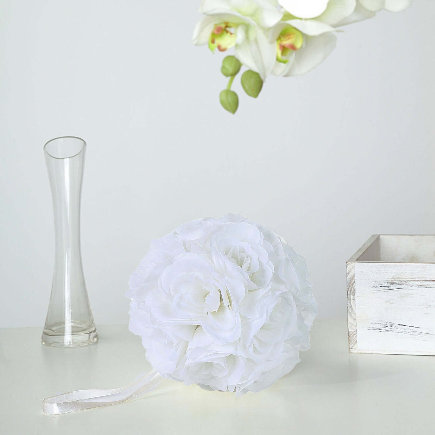 2 Pack 7" White Artificial Silk Rose Kissing Ball, Faux Flower Ball