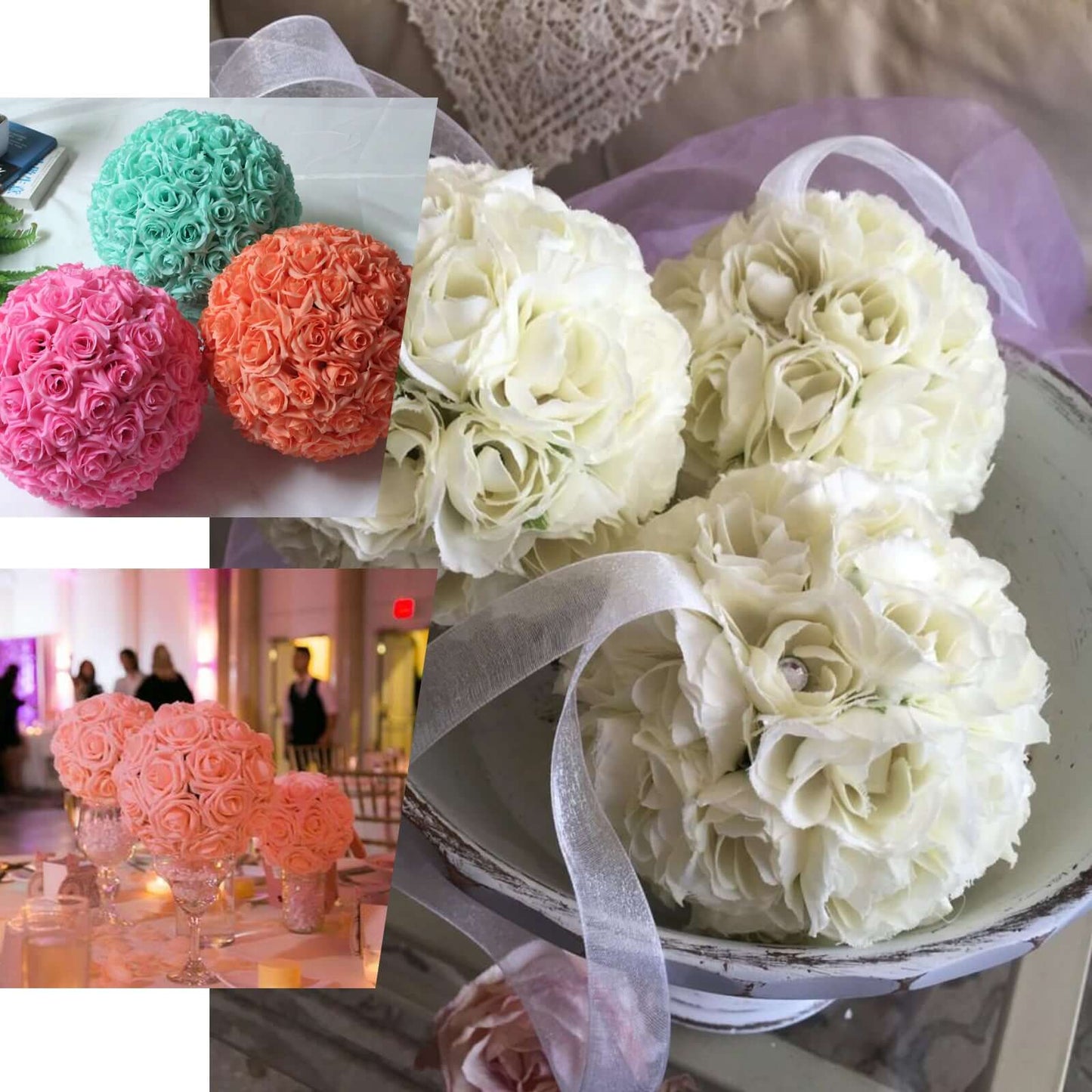 2 Pack 7" White Artificial Silk Rose Kissing Ball, Faux Flower Ball