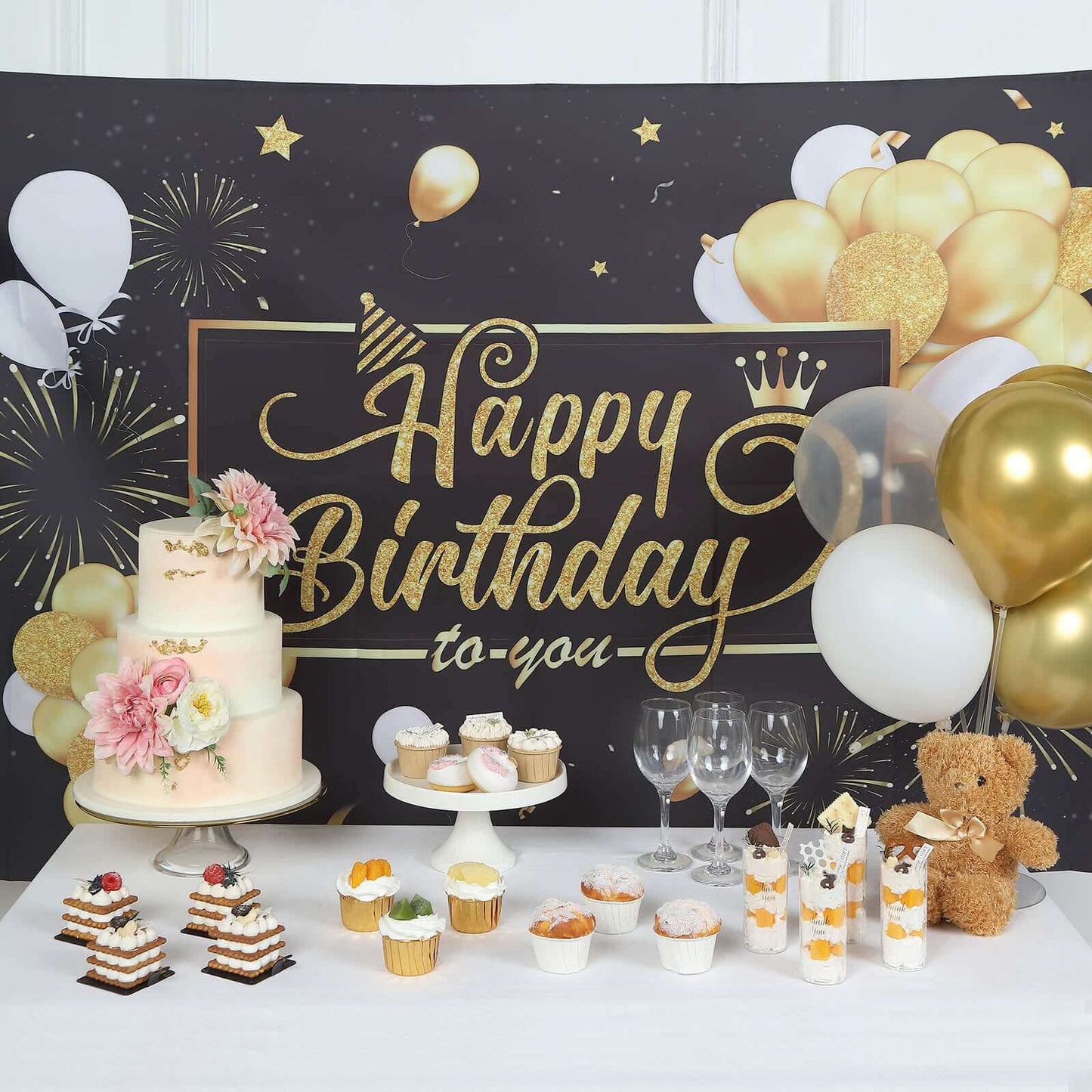 6ftx3ft Black Gold Happy Birthday Photo Booth Backdrop Decoration, Large Polyester Background Banner