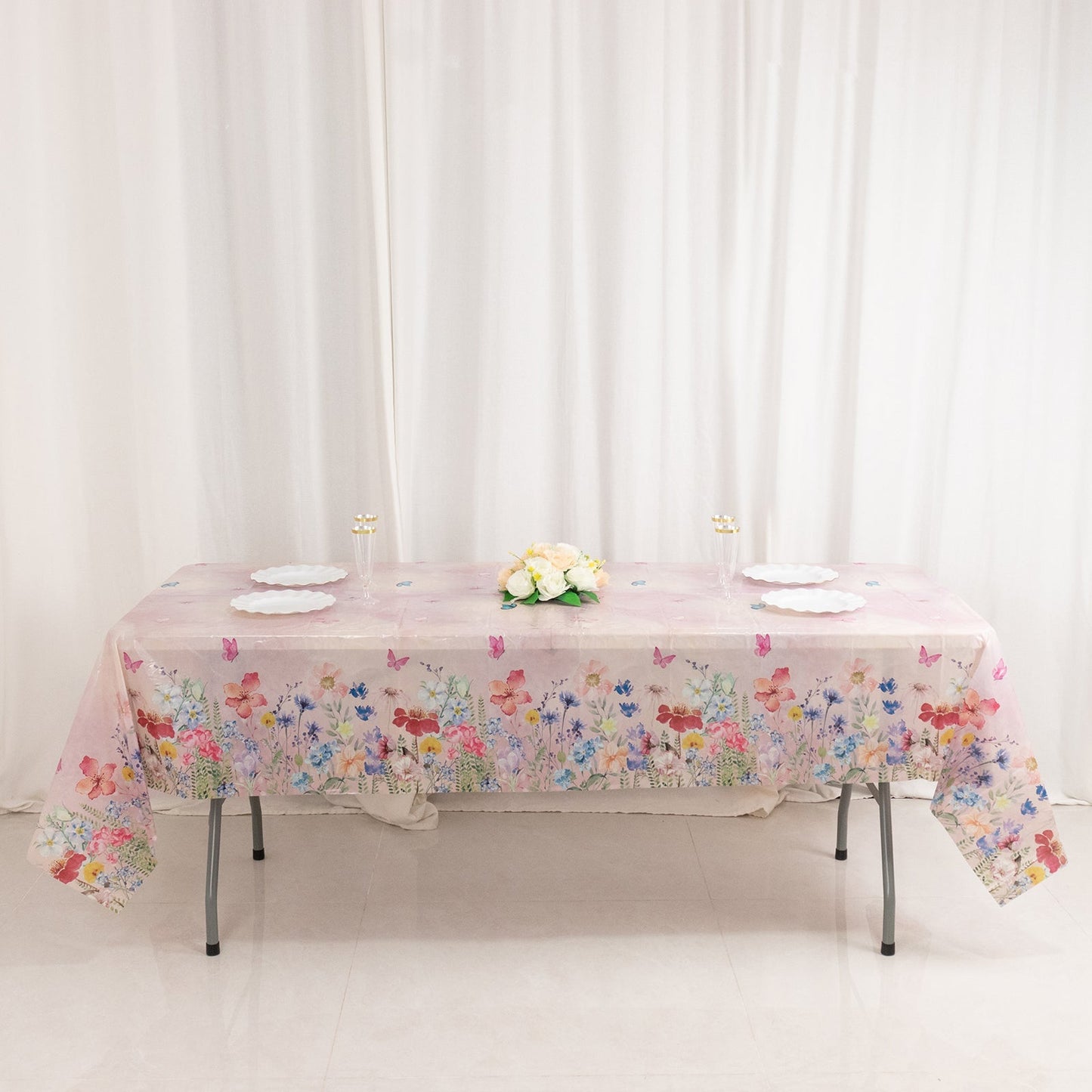 5-Pack Plastic Table Covers Blush Rectangle with Butterfly Floral Print - Decorative PVC Disposable Covers 54"x108"