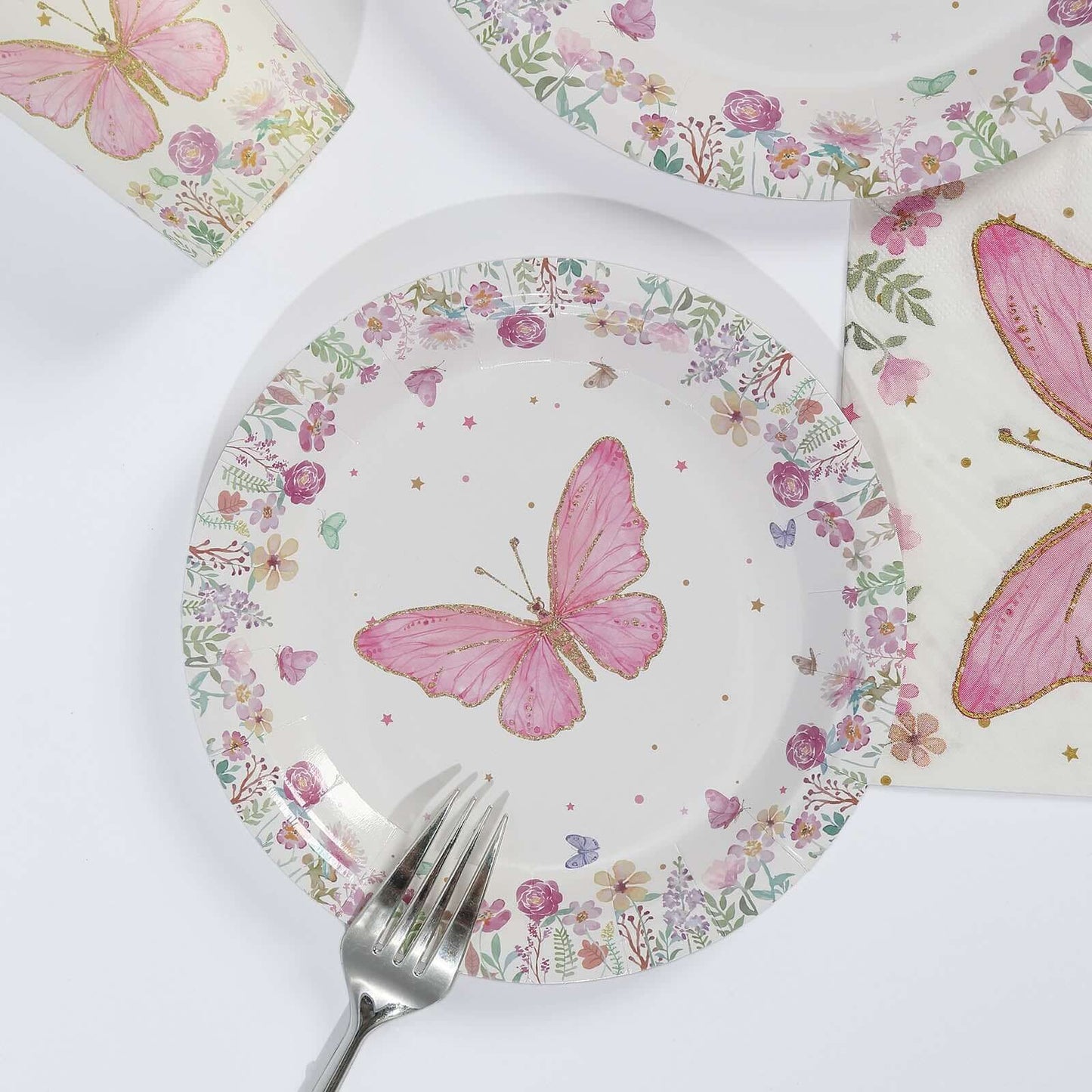 96 Pcs Paper Dinnerware Set with Butterfly Print White/Pink - Disposable Tableware Set with Plates, Cups, and Napkins